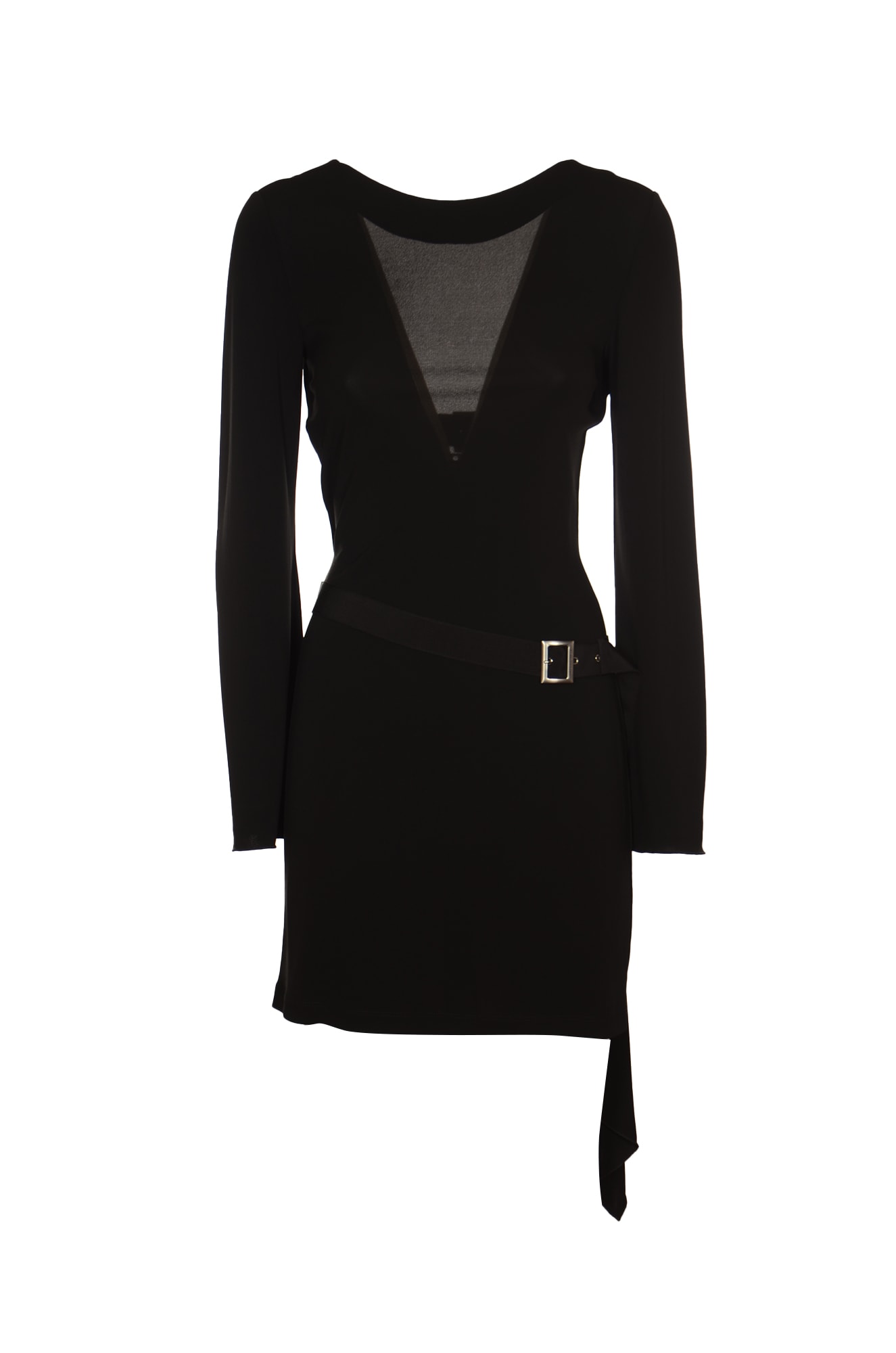 Shop Alberta Ferretti Belted Waist V-neck Dress In Black