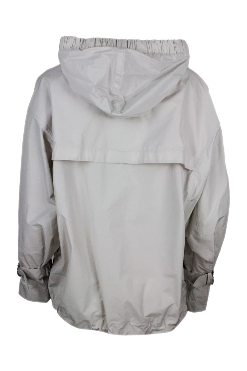 Brunello Cucinelli Water Resistant Outerware Jacket With Hood And Drawstring Hem. Curl On The Sleeve With Precious Jewe In Grey Plaster