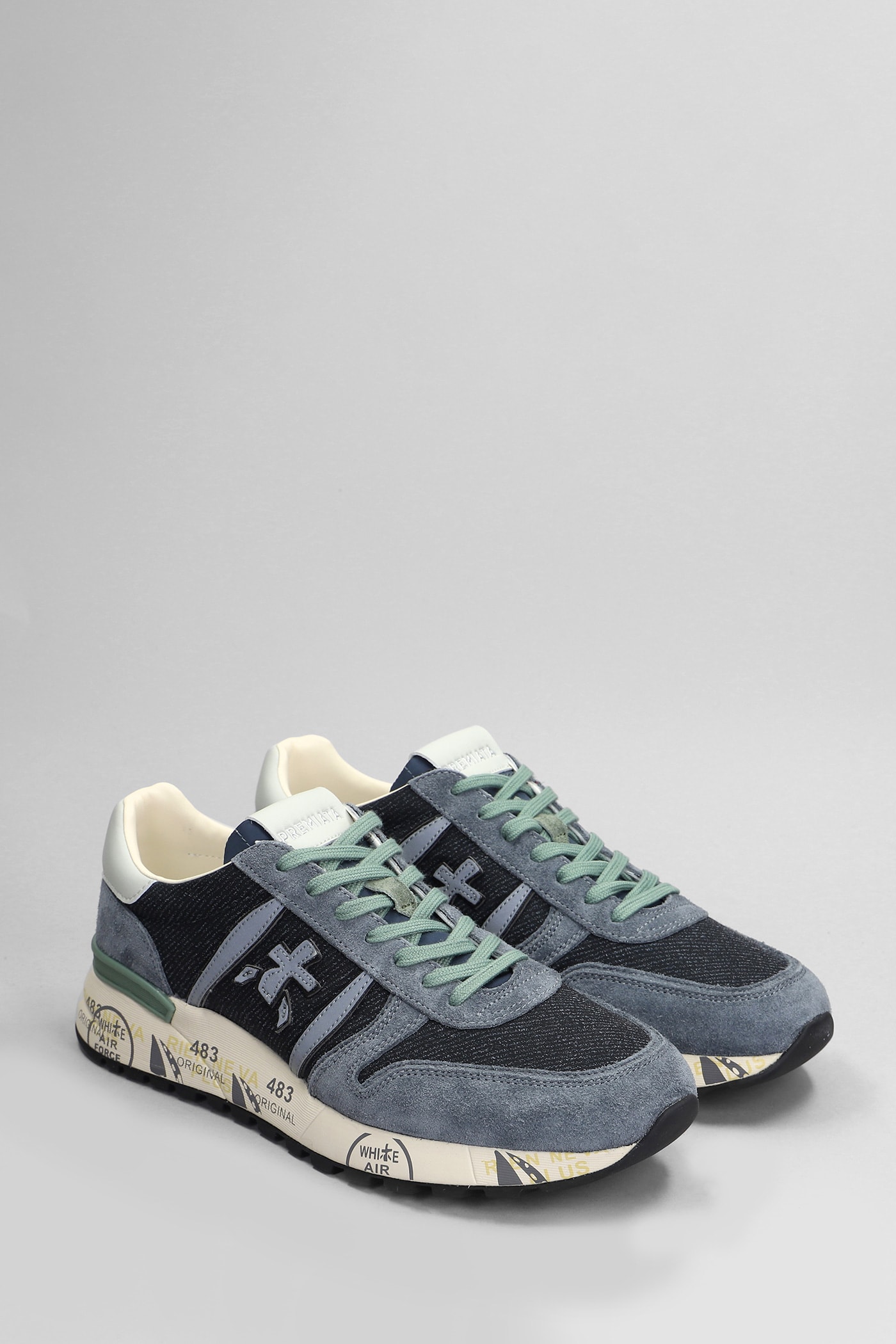 Shop Premiata Lander Sneakers In Blue Suede And Fabric