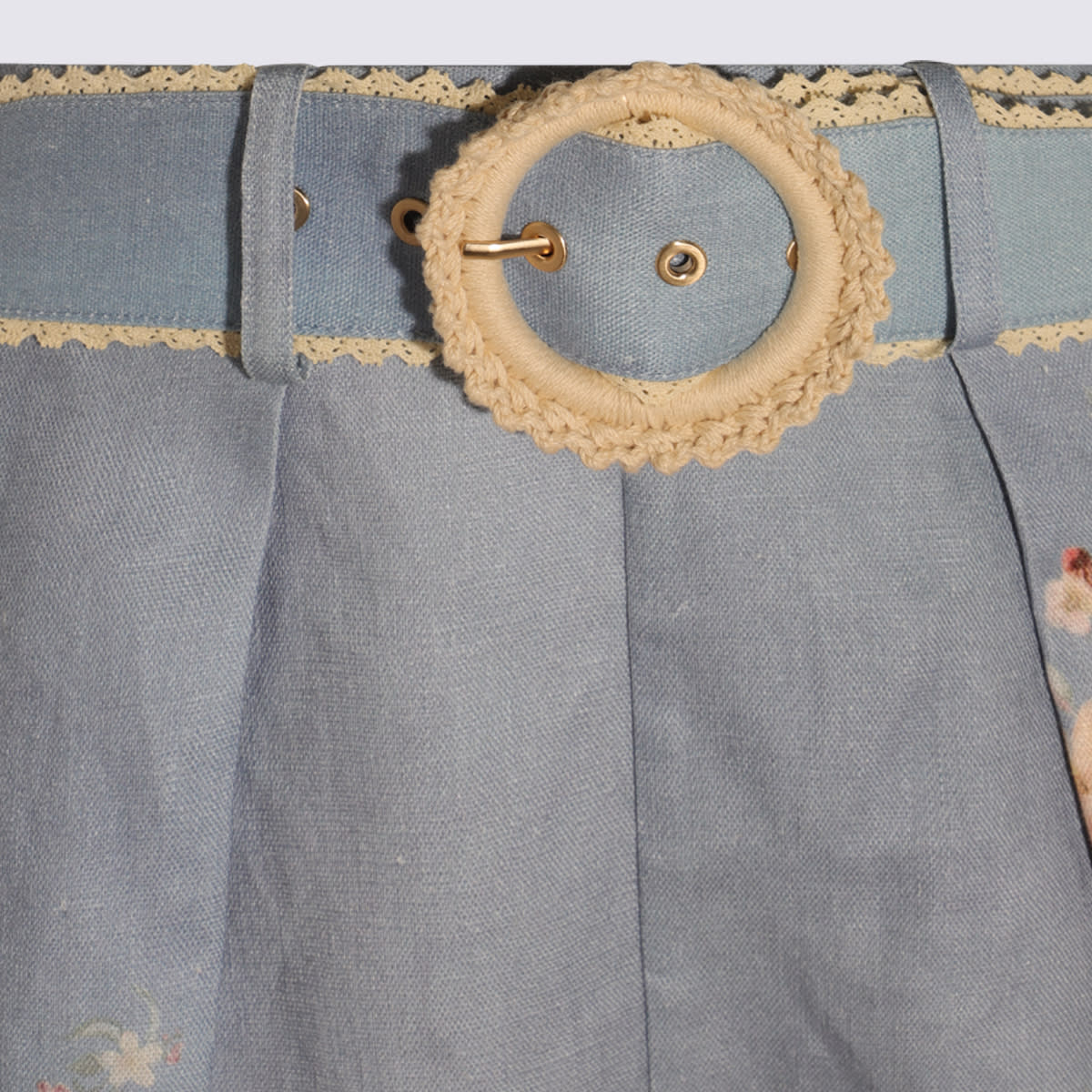 Zimmermann Cascadian Belted Lace-trimmed Pleated Floral-print Linen Shorts In Blue