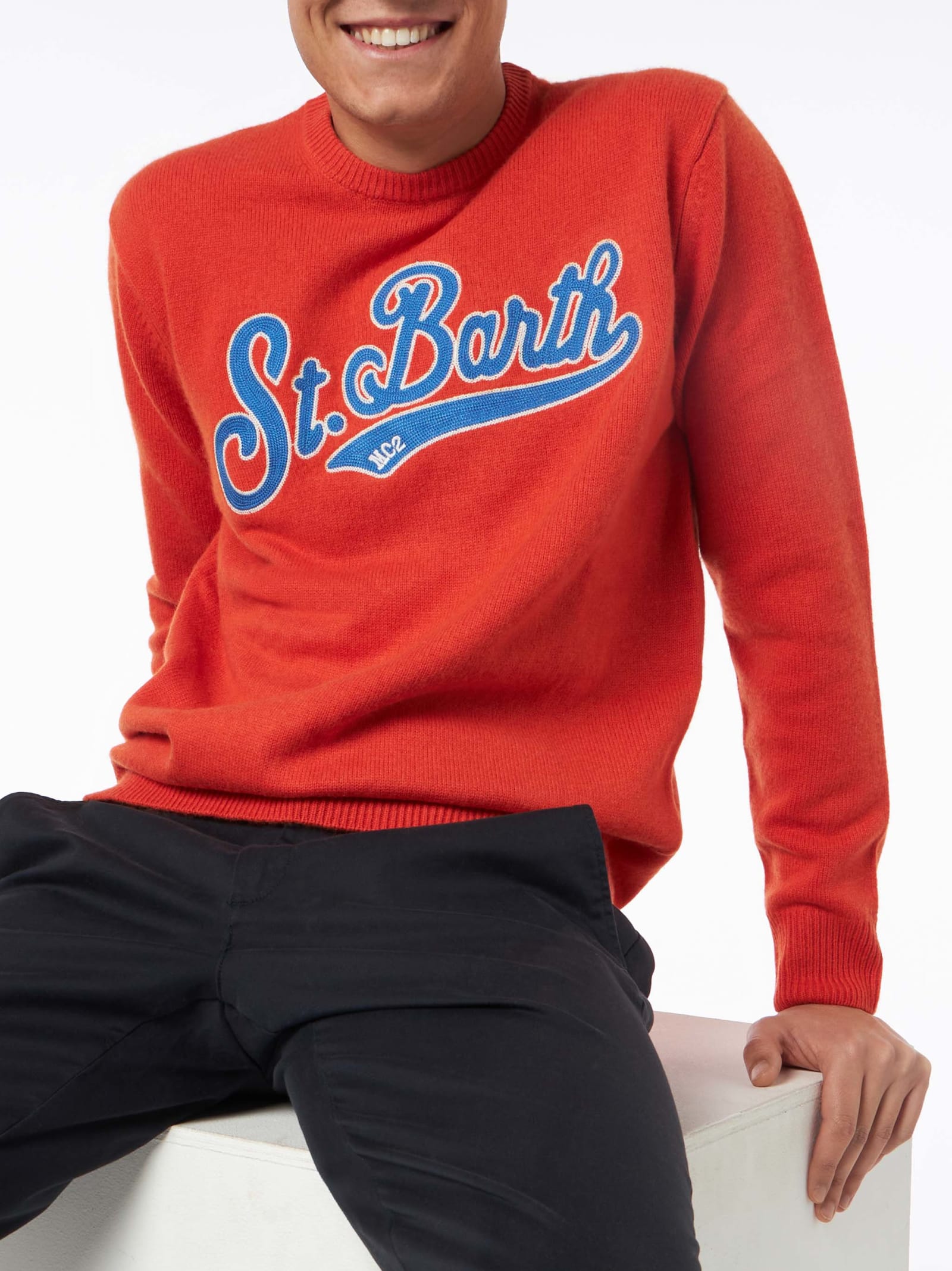 MC2 SAINT BARTH MAN CREWNECK ORANGE SWEATER WITH ST. BARTH EMBROIDERY 