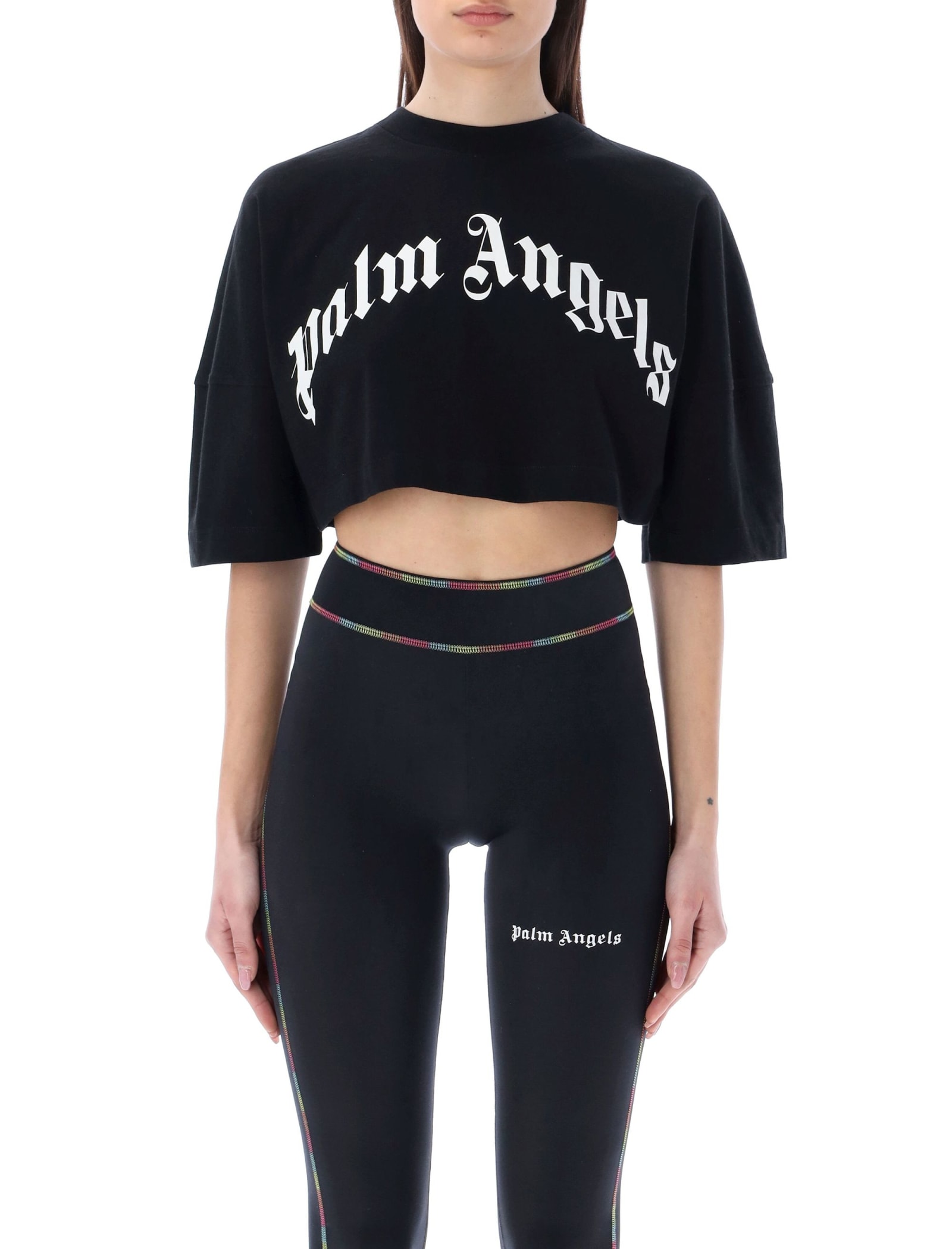 Palm Angels Curved Logo-print Cropped Cotton-jersey T-shirt in Black