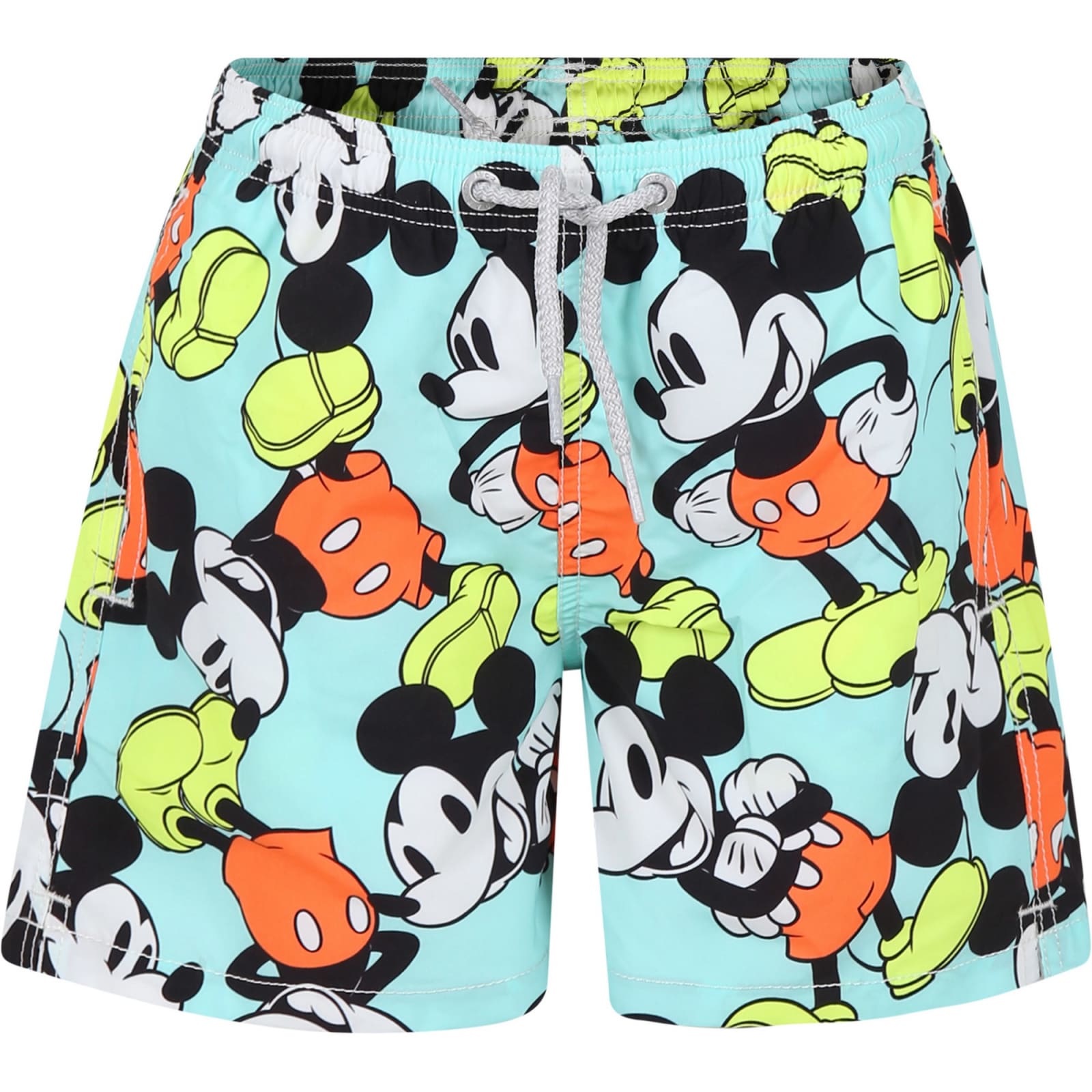 Mc2 Saint Barth Kids' Green Swim Shorts For Boy With Mickey Mouse Print And Logo