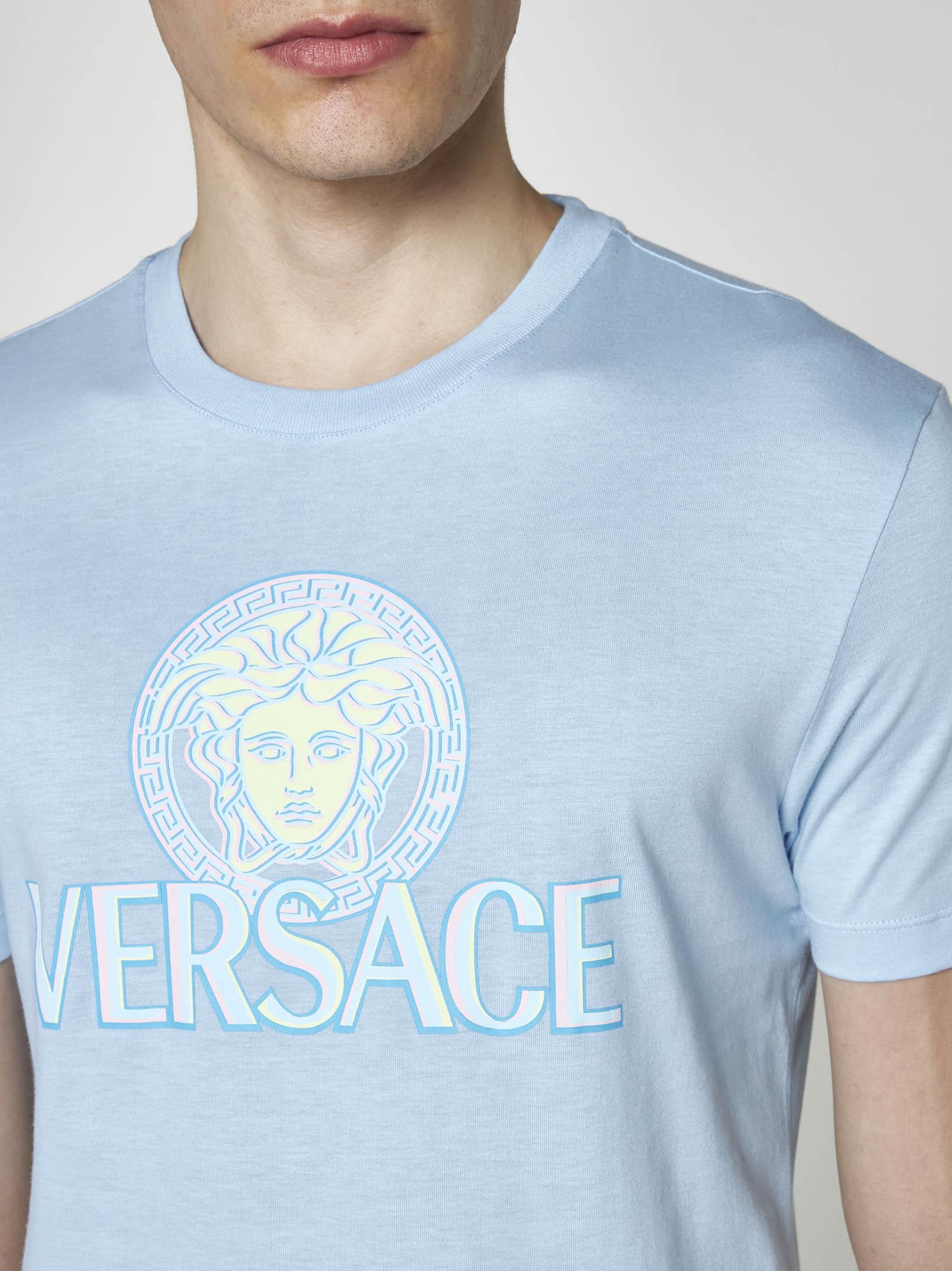 Shop Versace Medusa And Logo Cotton T-shirt In Celeste