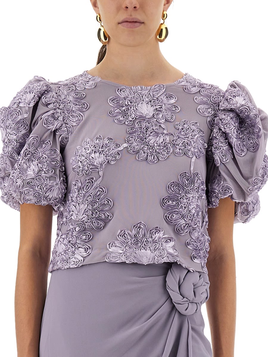 Rotate Birger Christensen 3d Floral Mesh Top With Voluminous Puff Sleeves In Blue