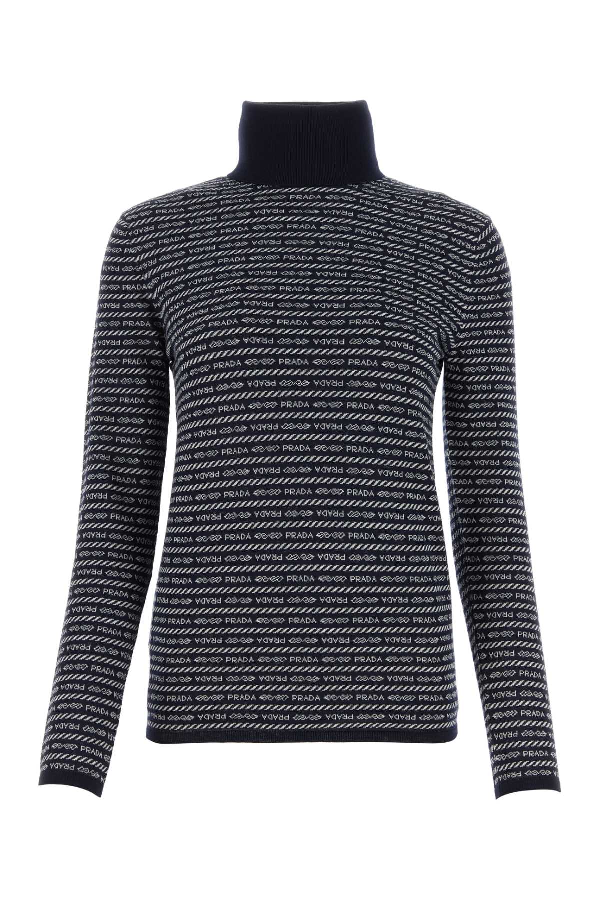 Prada Superfine Wool Turtleneck Sweater With Intarsia Logo In Blubianco