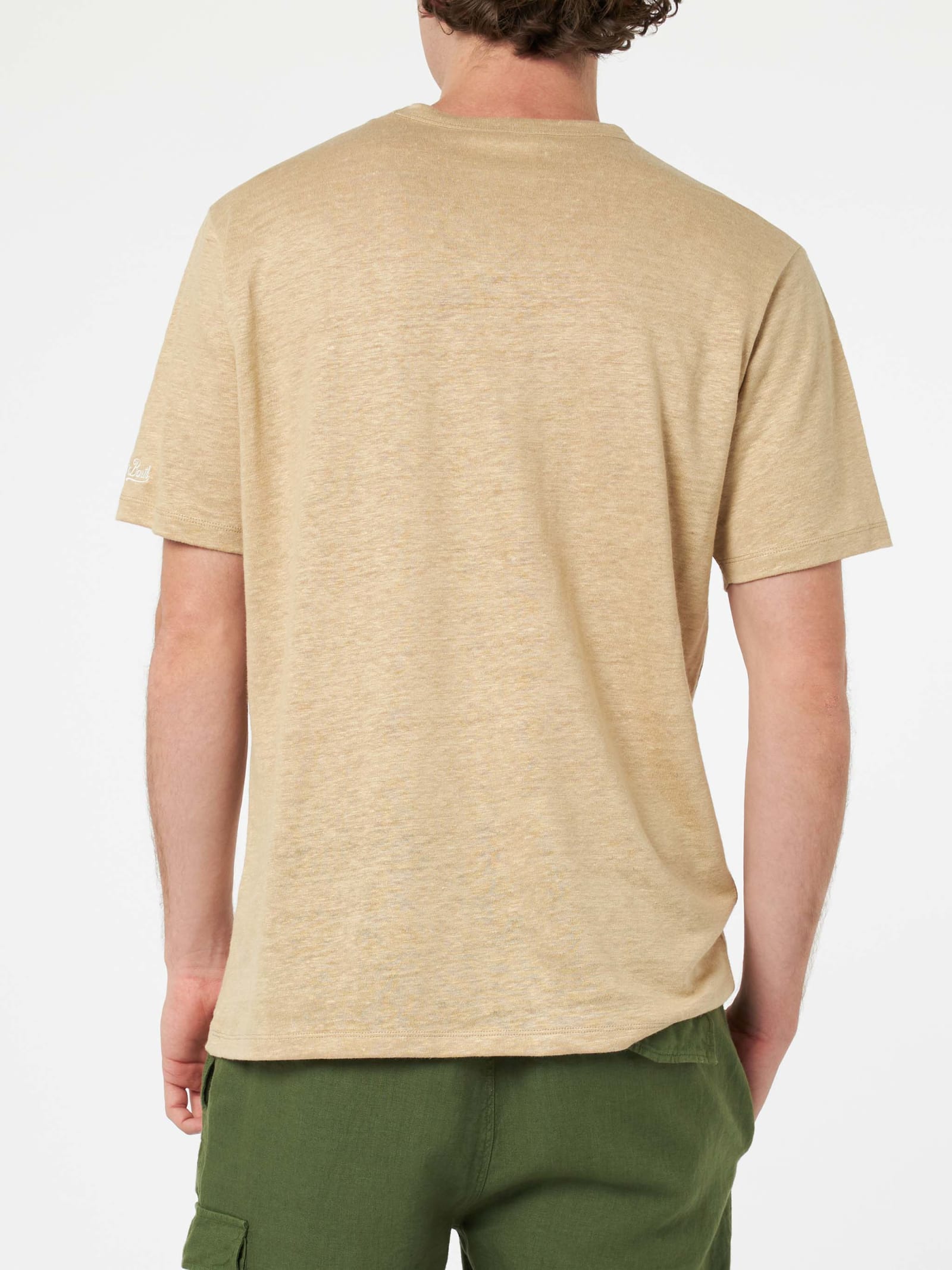Mc2 Saint Barth Man Beige Linen Jersey T-shirt Ecstasea With Pocket In White