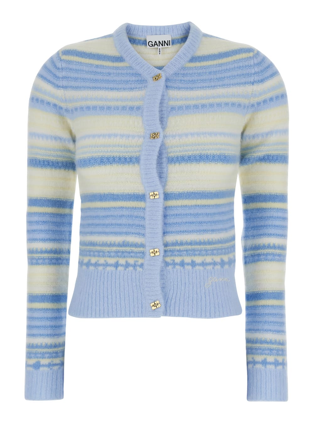 Shop Ganni Multicolor Striped Cardigan With Logo Embroidery In Wool Woman