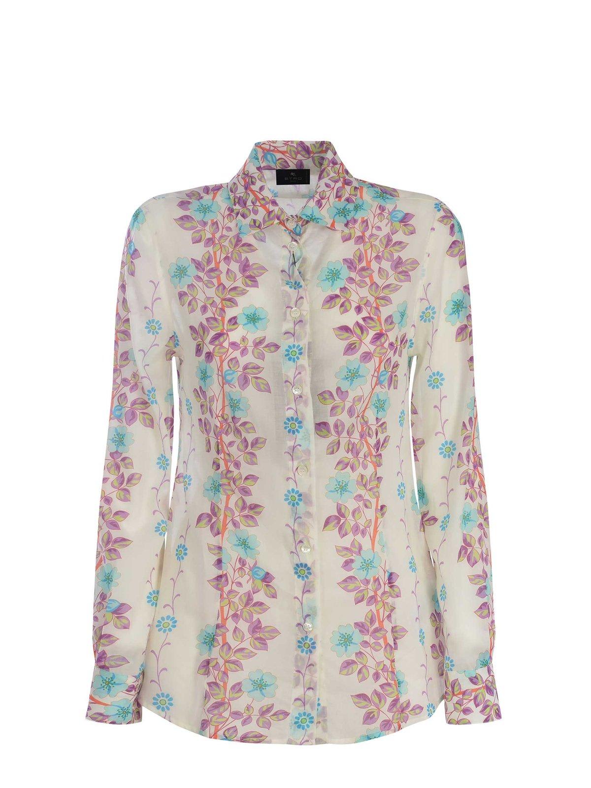 Shop Etro Floral Printed Long Sleeved Shirt In White