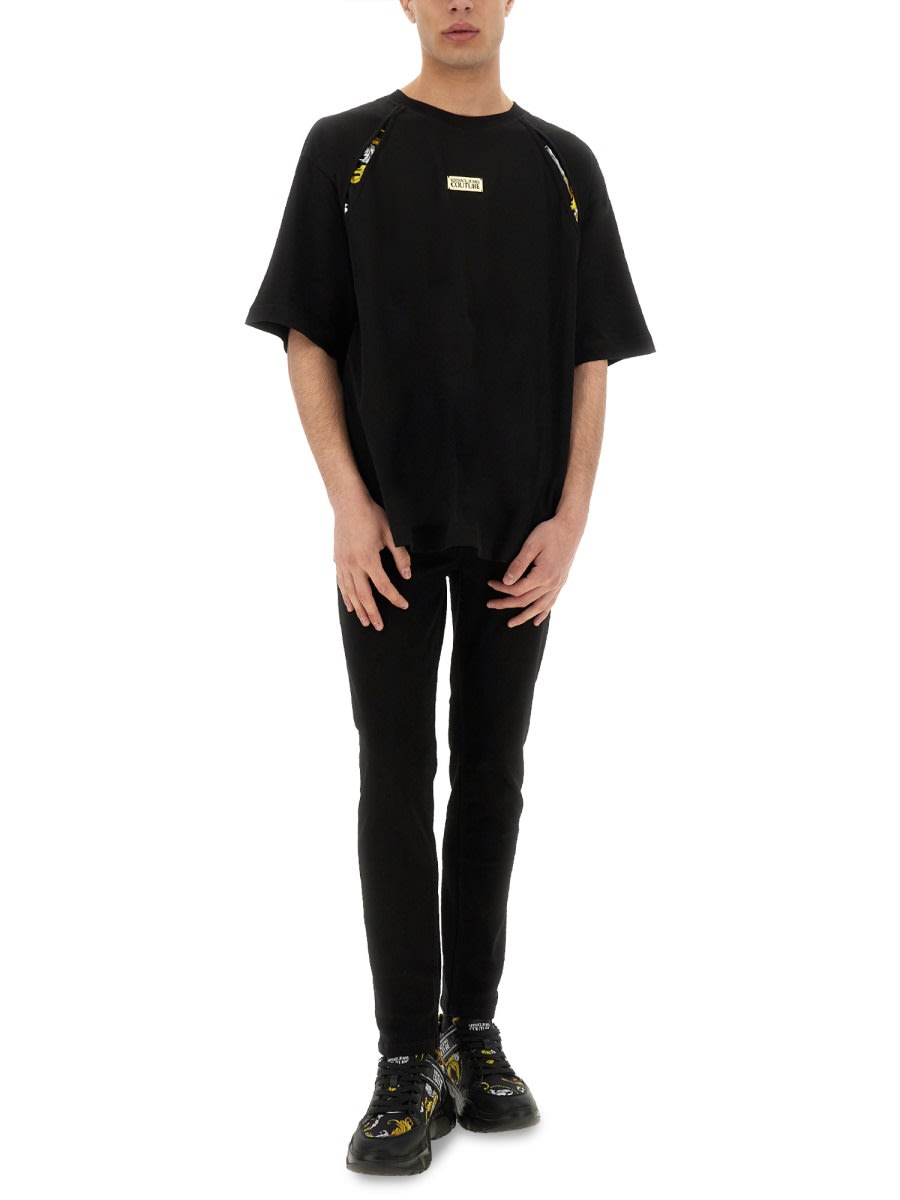 Shop Versace Jeans Couture T-shirt With Baroque Outline Inserts In Black