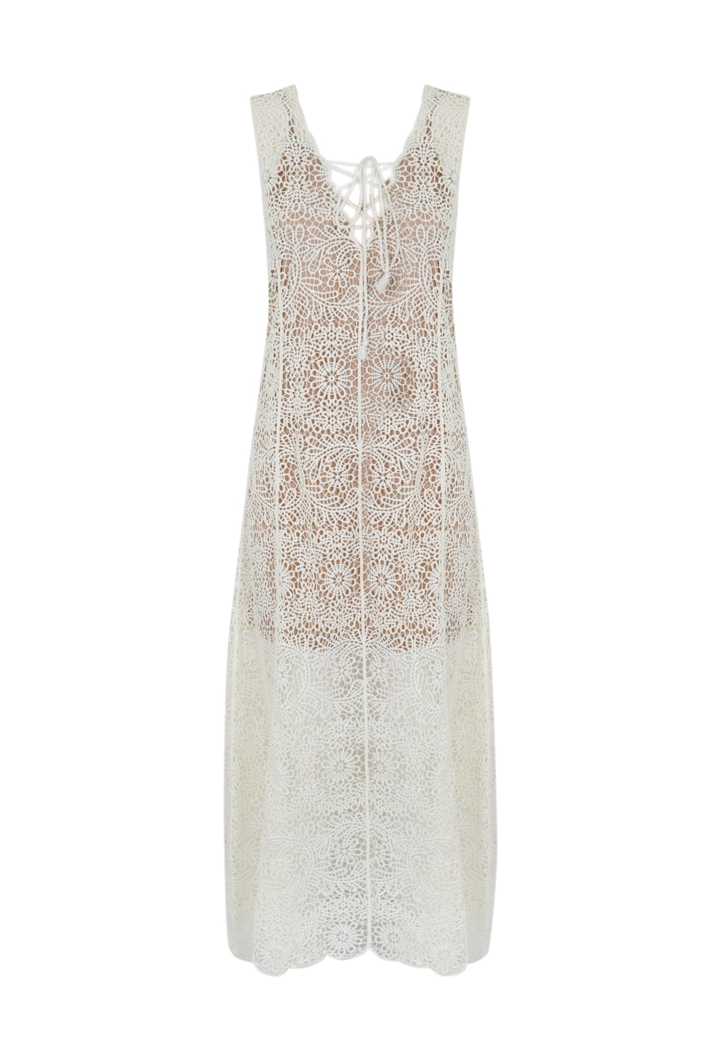 Shop Twinset Long Crochet Dress In Bianco Ottico