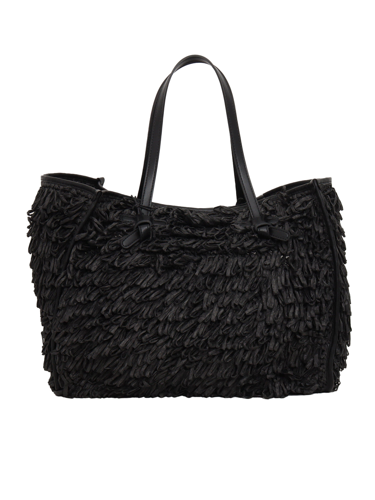 Gianni Chiarini Fringe-design Raffia Tote With Leather Handles In Black