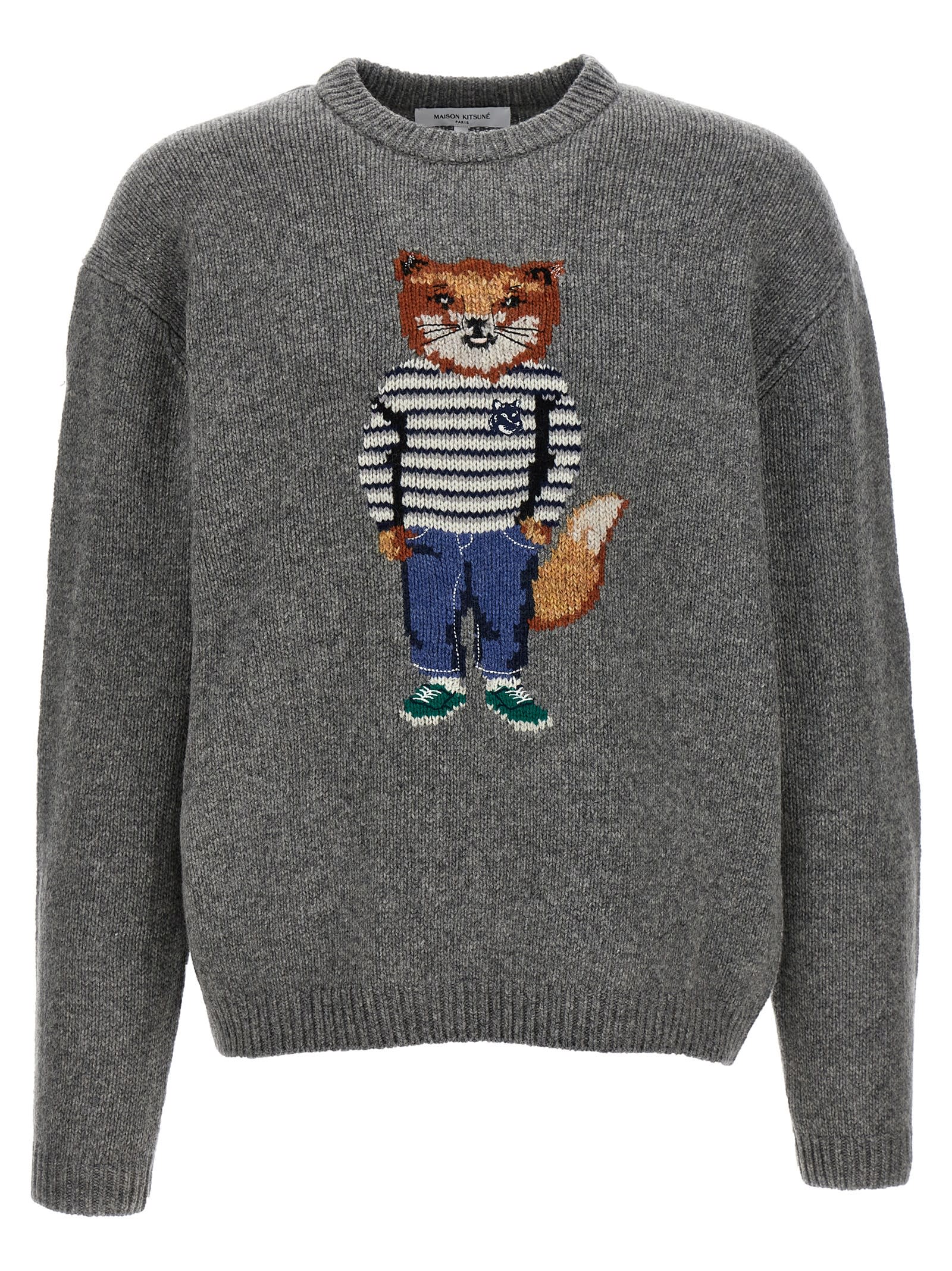 Shop Maison Kitsuné Fox Intarsia Sweater In Medium Grey Melange