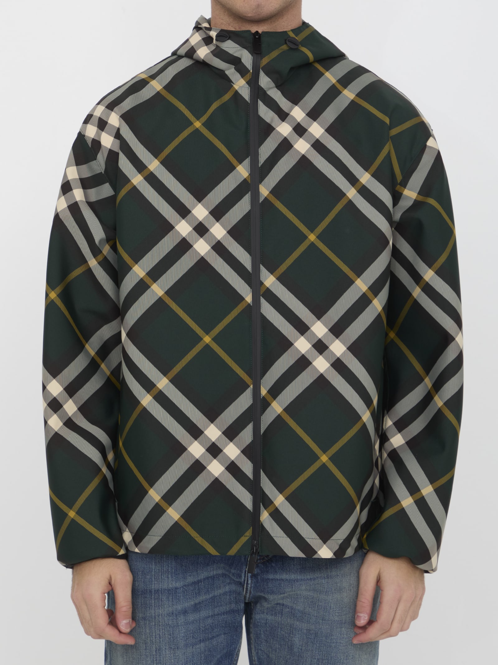 Shop Burberry Check Jacket In Green/neutrals