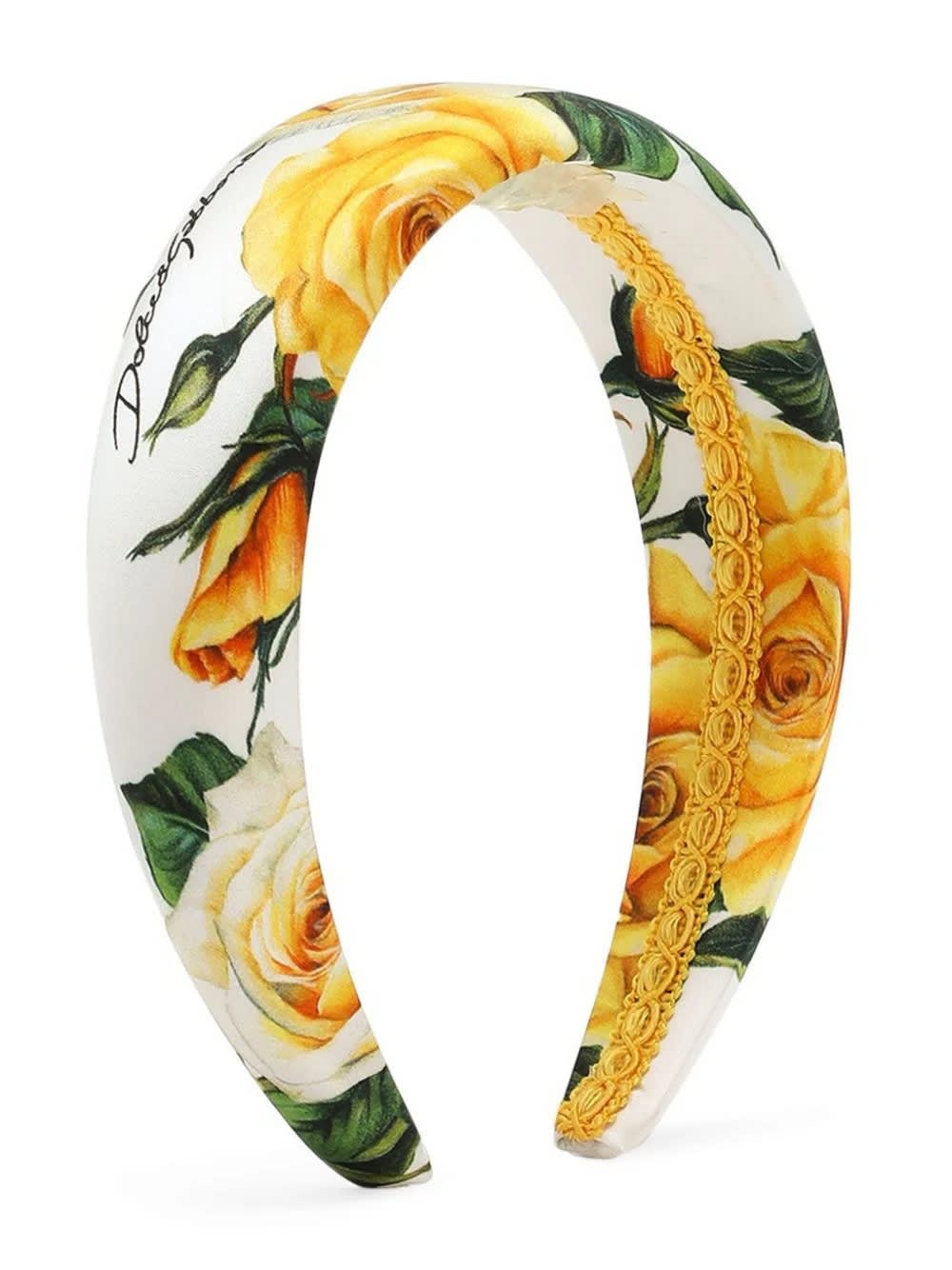 Dolce & Gabbana Satin Headband With Yellow Rose Print