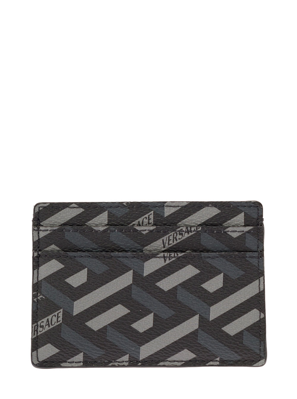Gray And Black Cardholder In Leather With Allover Greek Signatur Pattern Print Versace Man