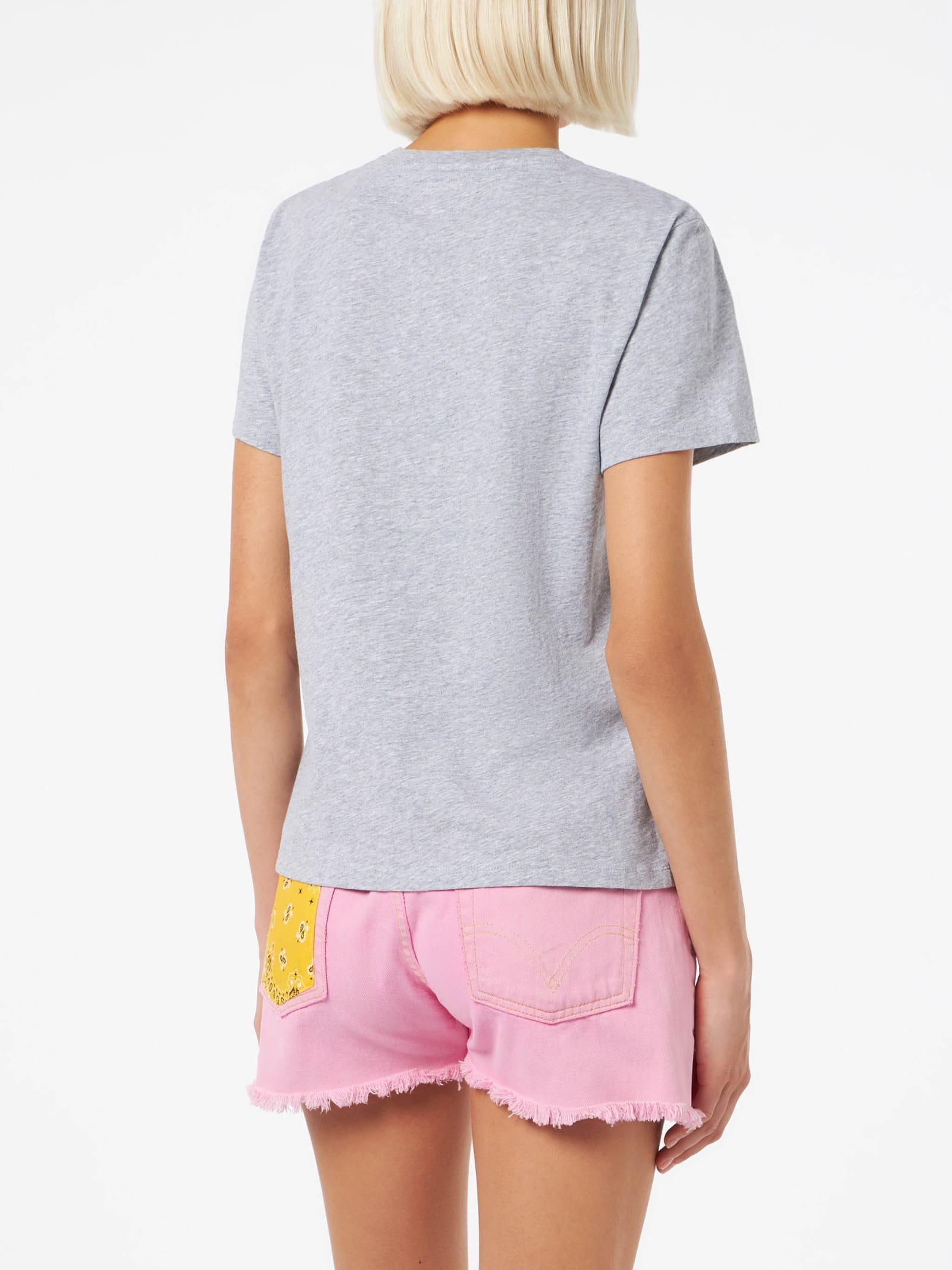 Mc2 Saint Barth Woman Cotton Jersey Crewneck T-shirt Emilie With Saint Barth Beach Club Print In Grey