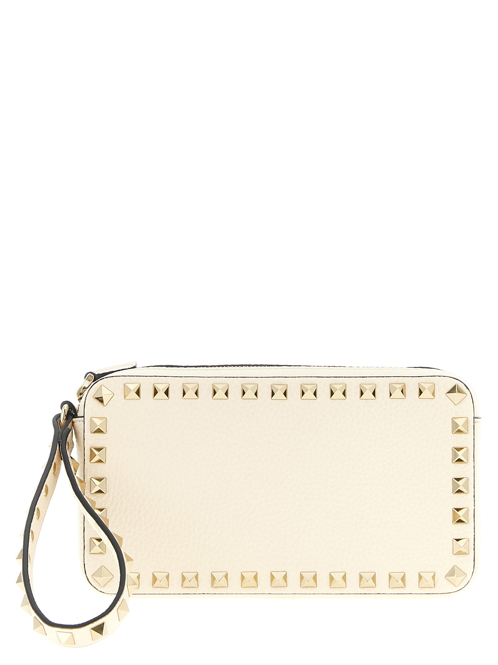 Valentino Rockstud Rectangular Clutch Bag With Wrist Strap In Neutral