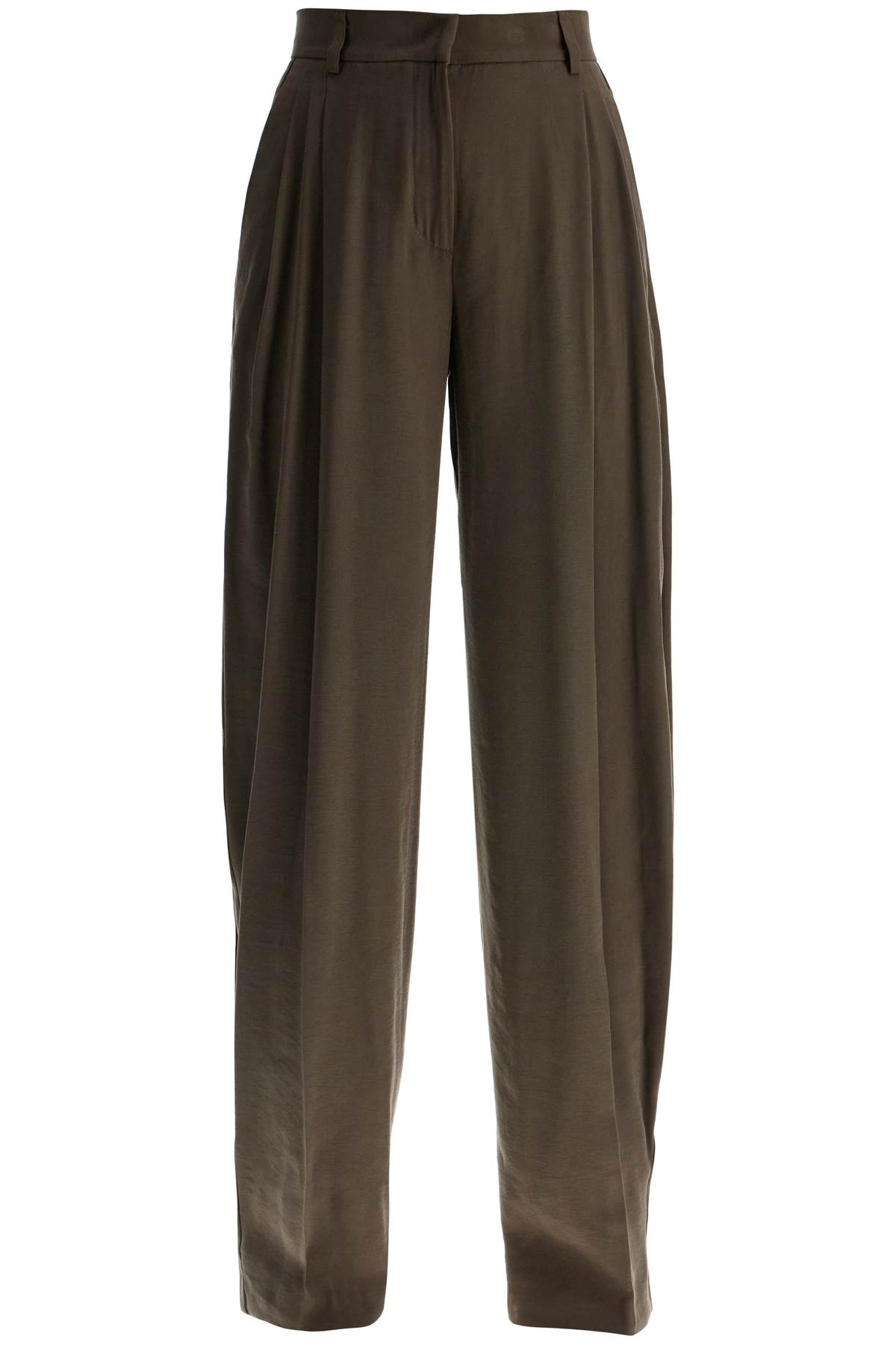 Khaki Wide Leg Viscose Trousers With Front Pleats