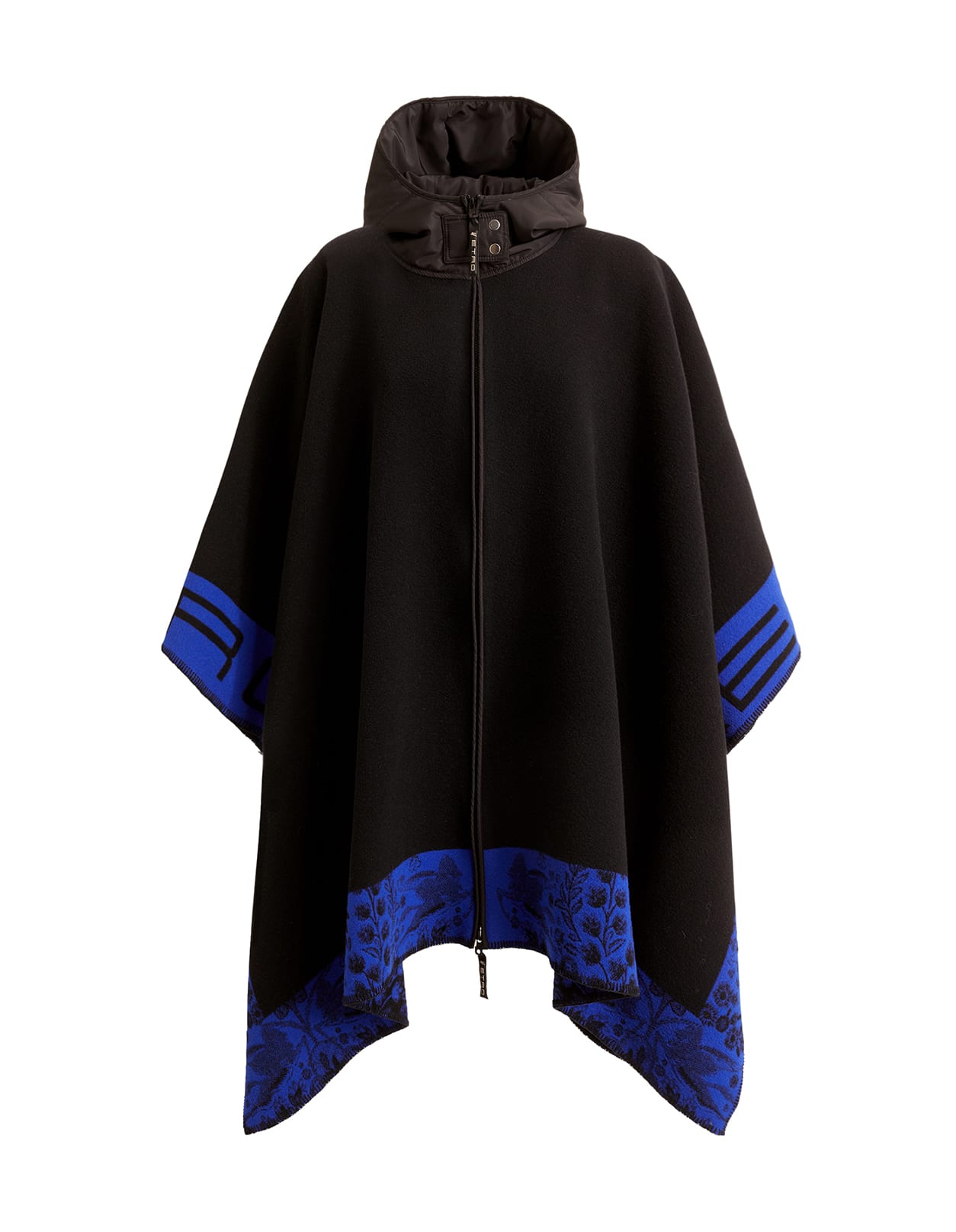Etro Woman Cape In Black And Blue Jacquard Wool With Logo