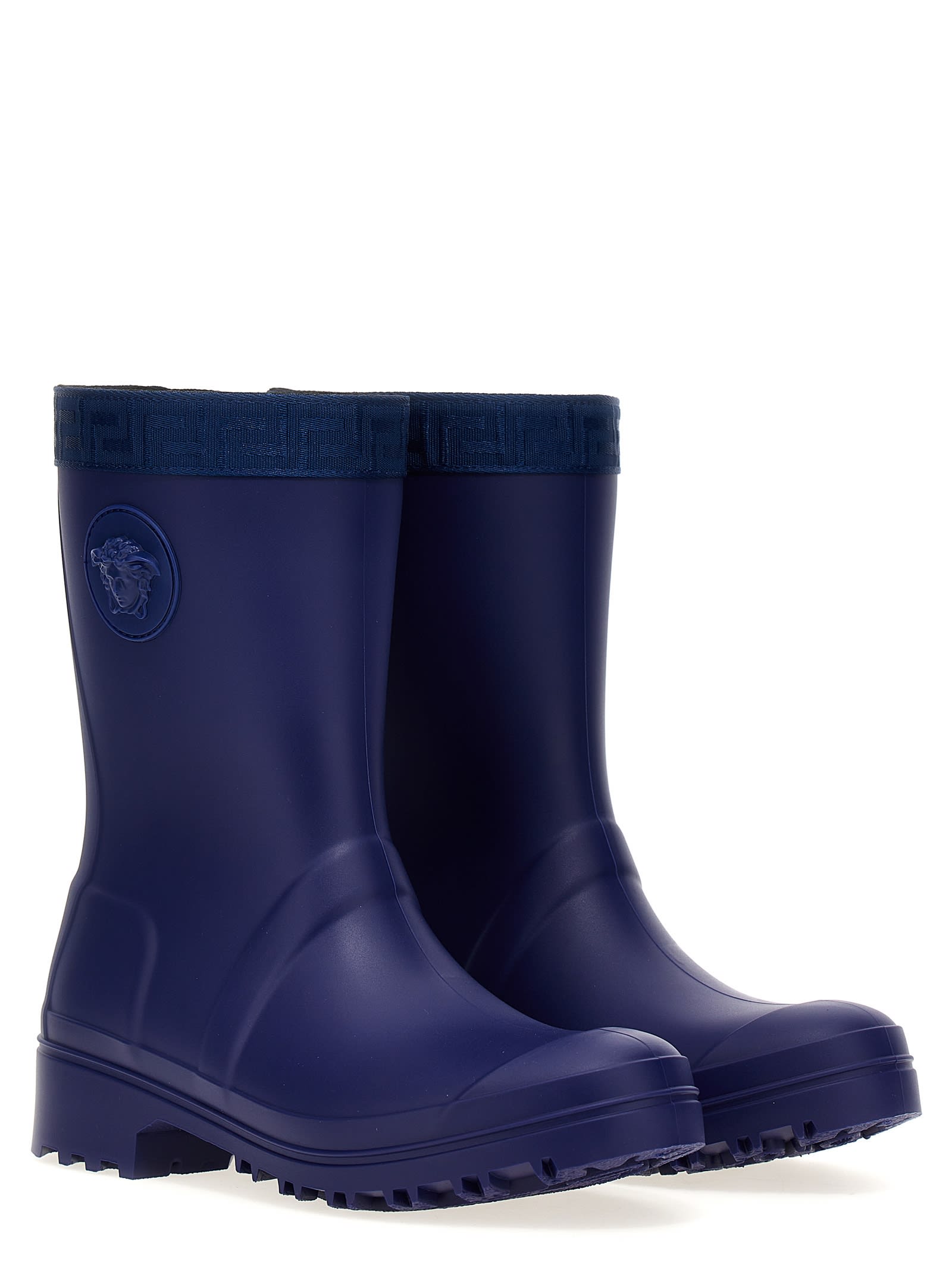 Shop Versace Greca Rain Boots In Blue