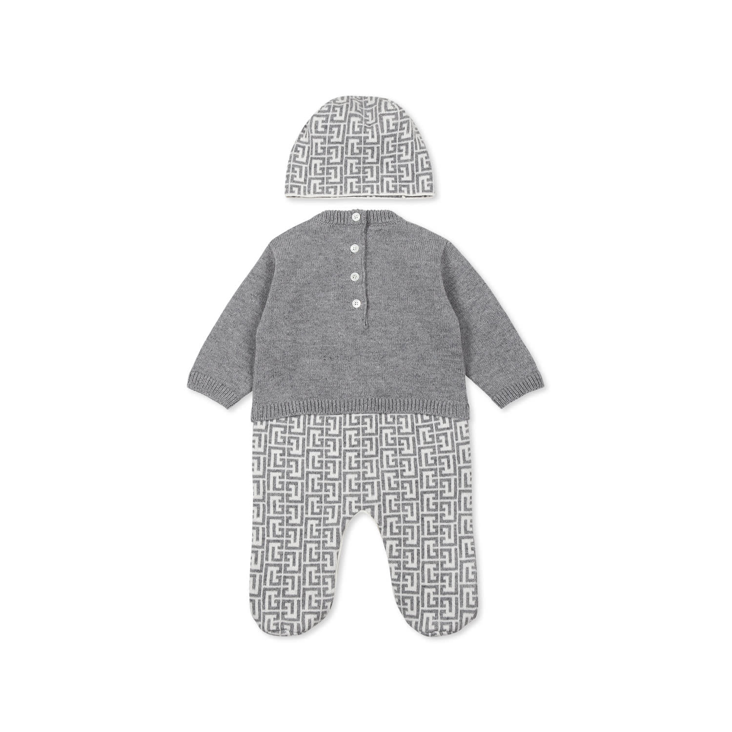 BALMAIN GREY BABYGROW SET FOR BABYKIDS WITH LABYRINTH 