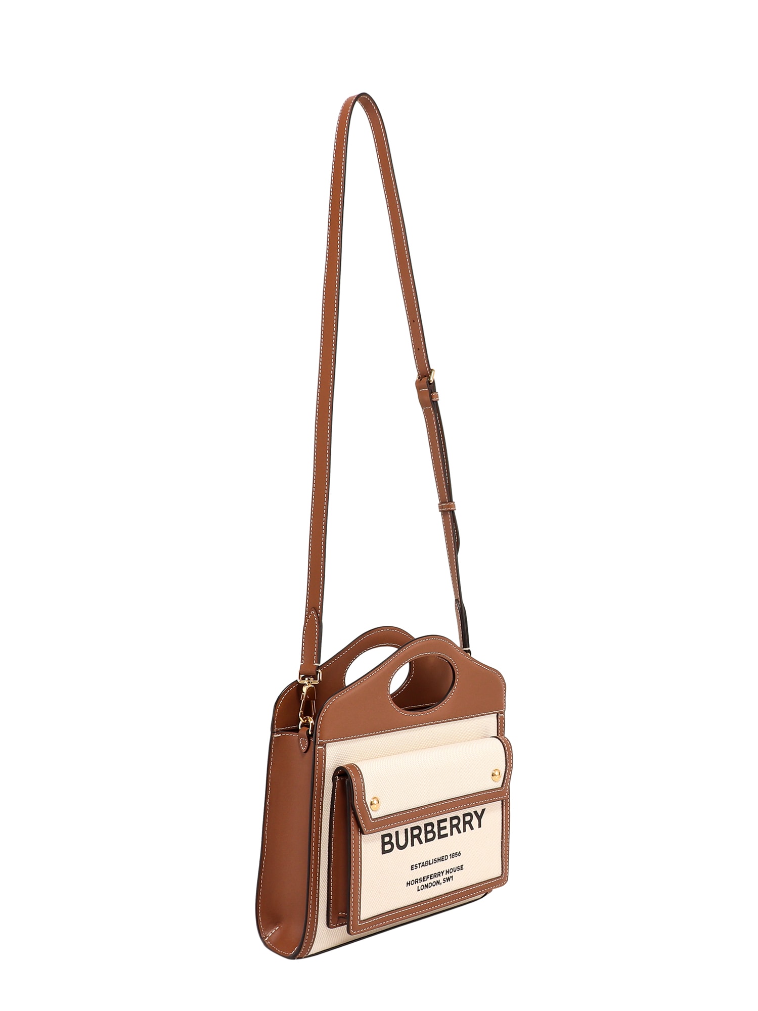 Shop Burberry Pocket Handbag In Leather Brown