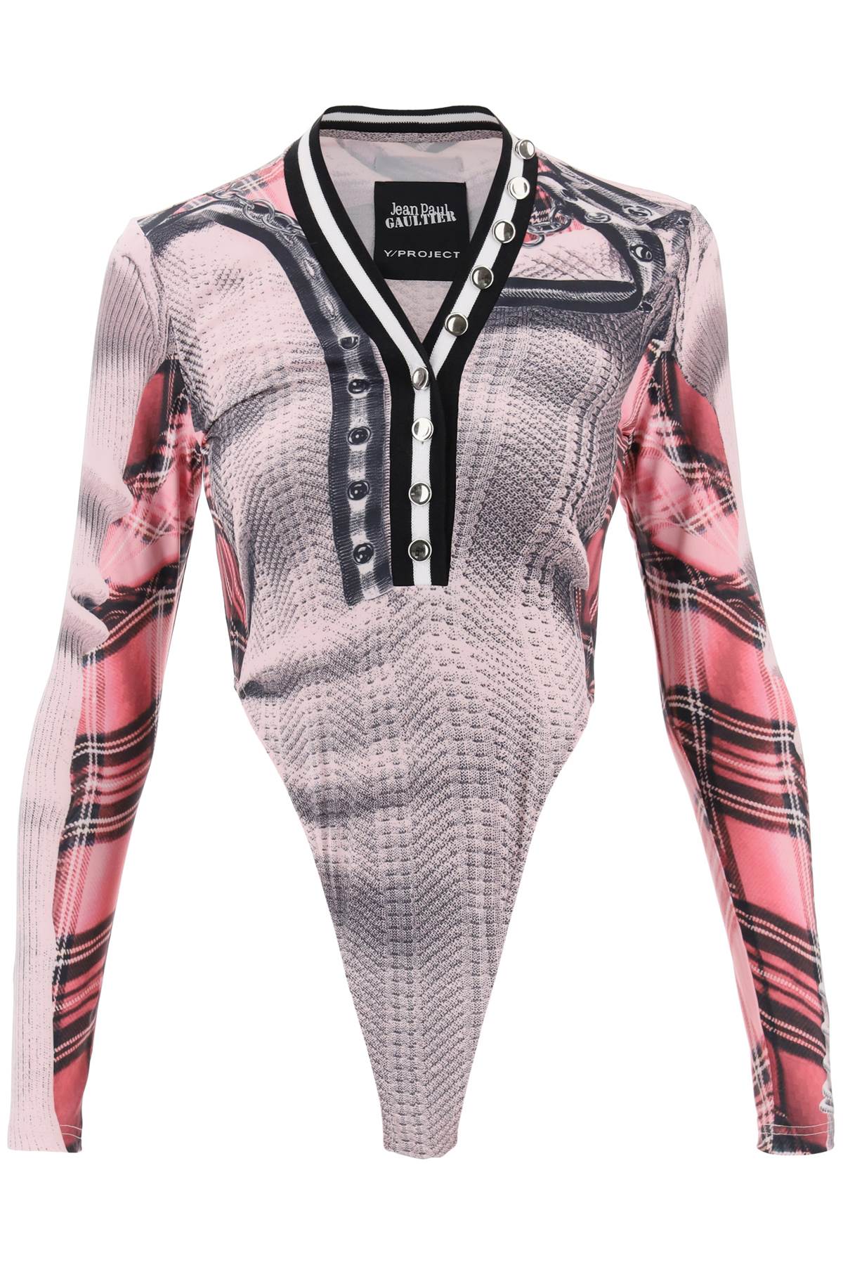Y/project Pink Jean Paul Gaultier Edition Trompe L'oeil Cardigan Bodysuit In Pink White (grey)