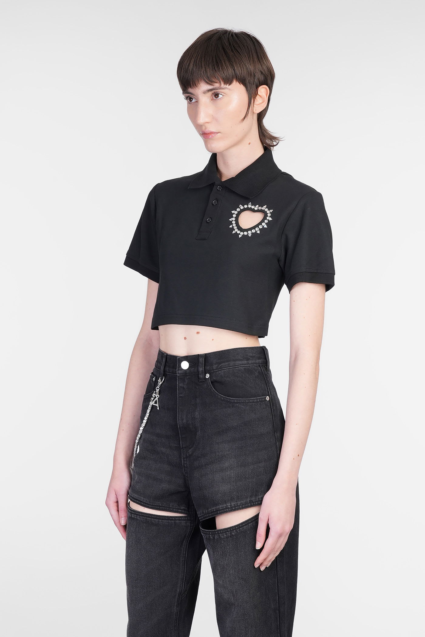 Area Black Crystal Heart Cutout Cropped Polo