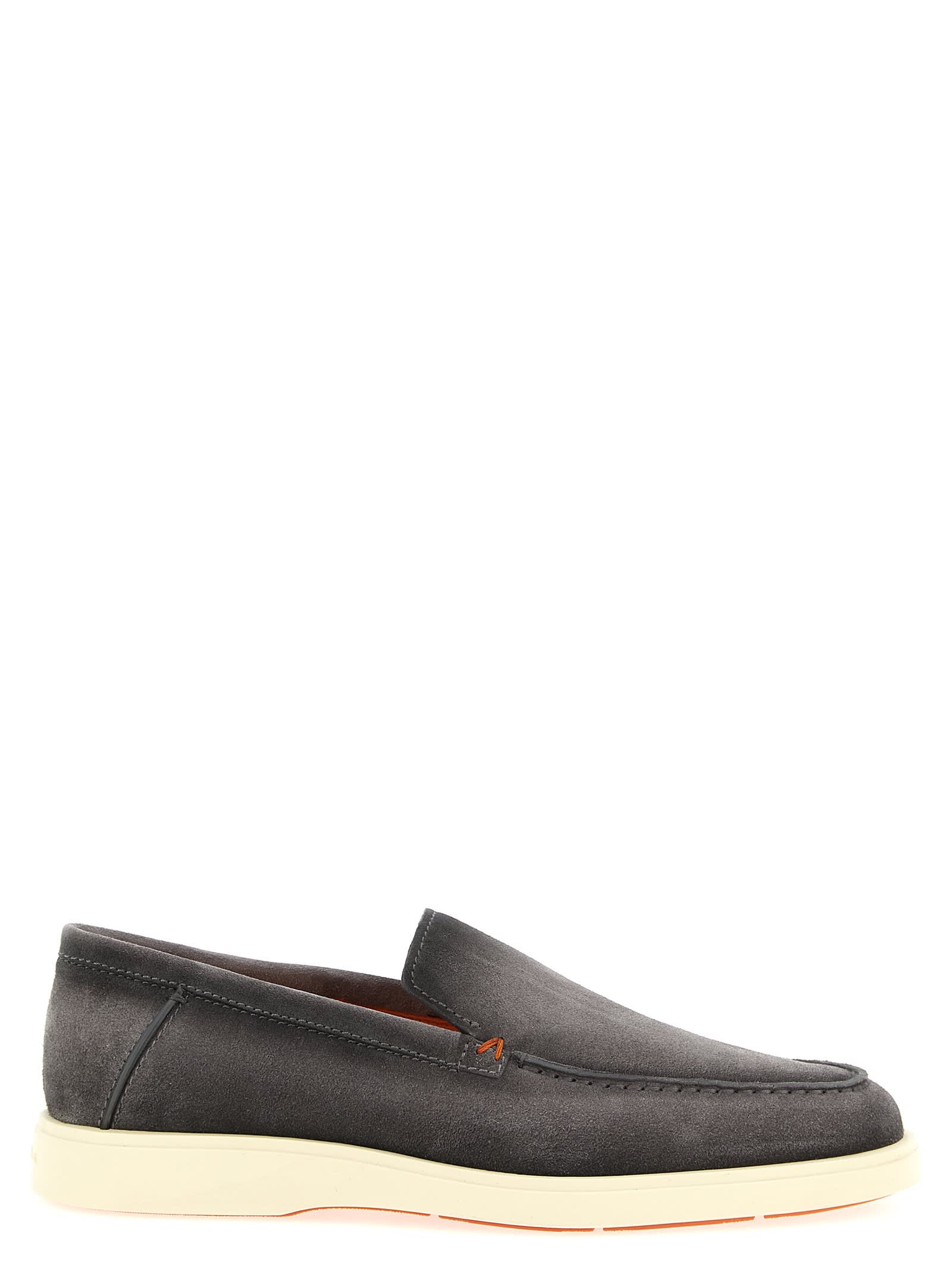 Santoni Suede Loafers With Round Toe And Contrast Sole In Brown