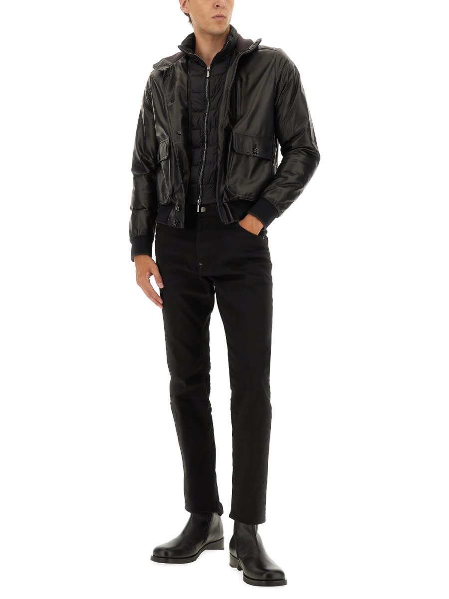 Moorer Leather Bomber Jacket In Black
