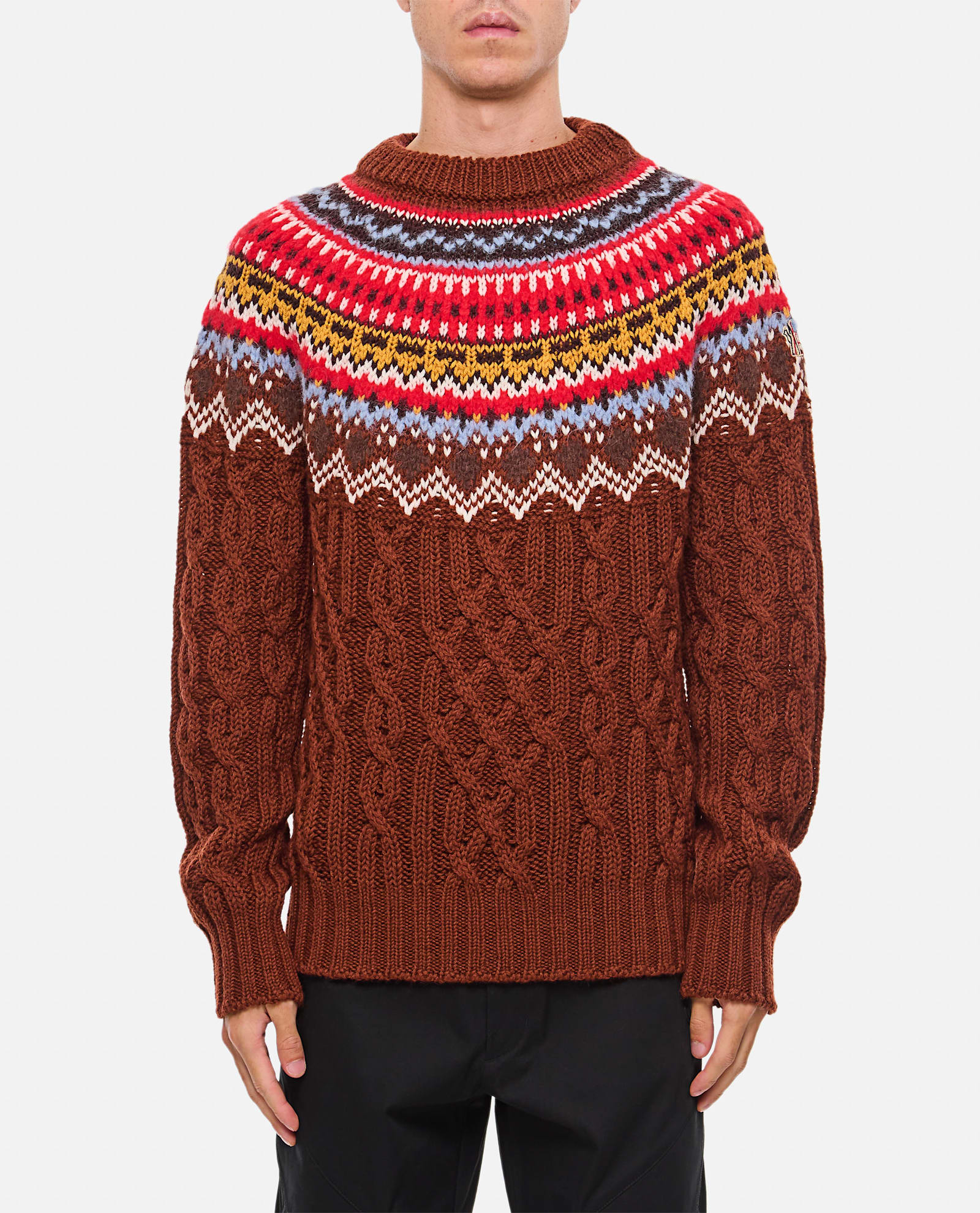 Moncler Grenoble Grenoble Fair Isle Intarsia Cable Knit Wool Jumper In Brown