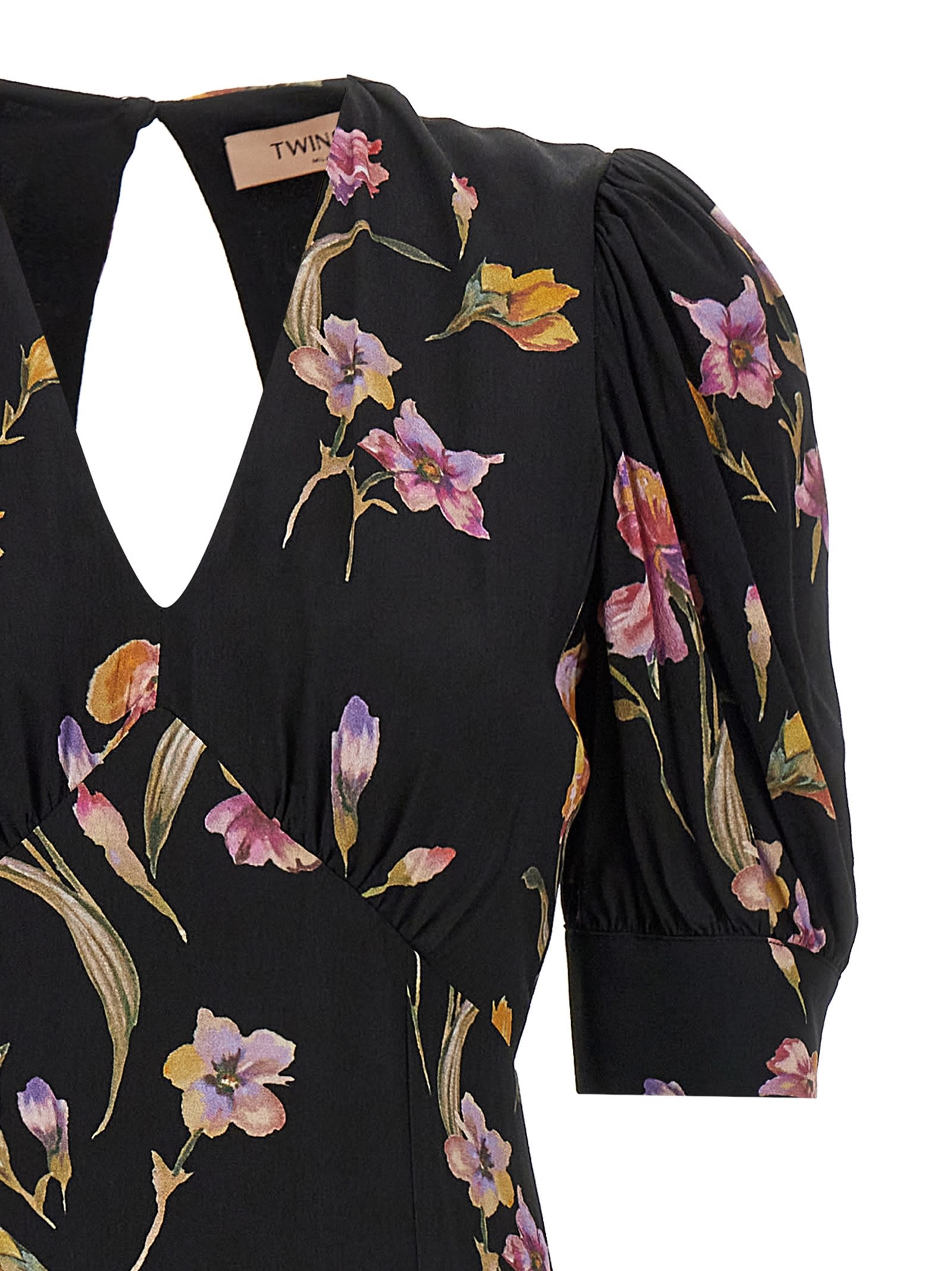 Twinset Floral-print Satin Maxi Dress In Black