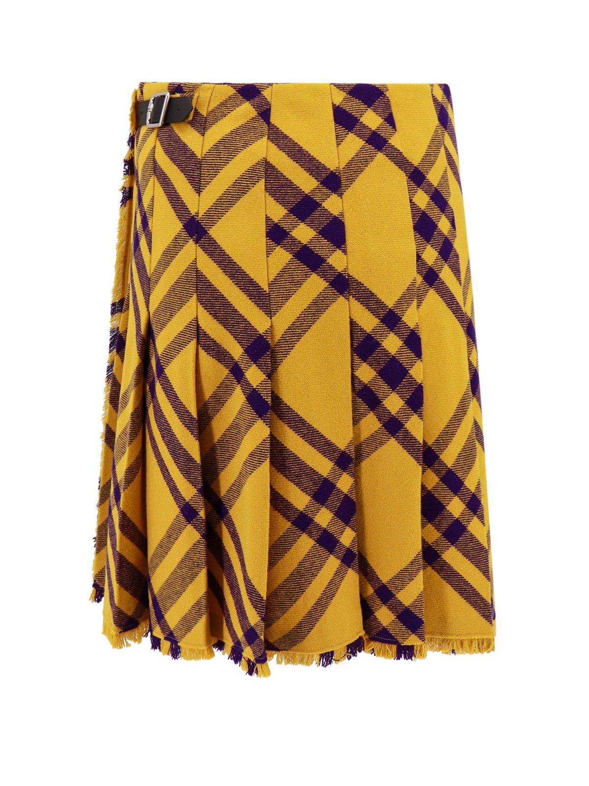Shop Burberry Checkered Fringed Edge Skirt In Yellow/purple