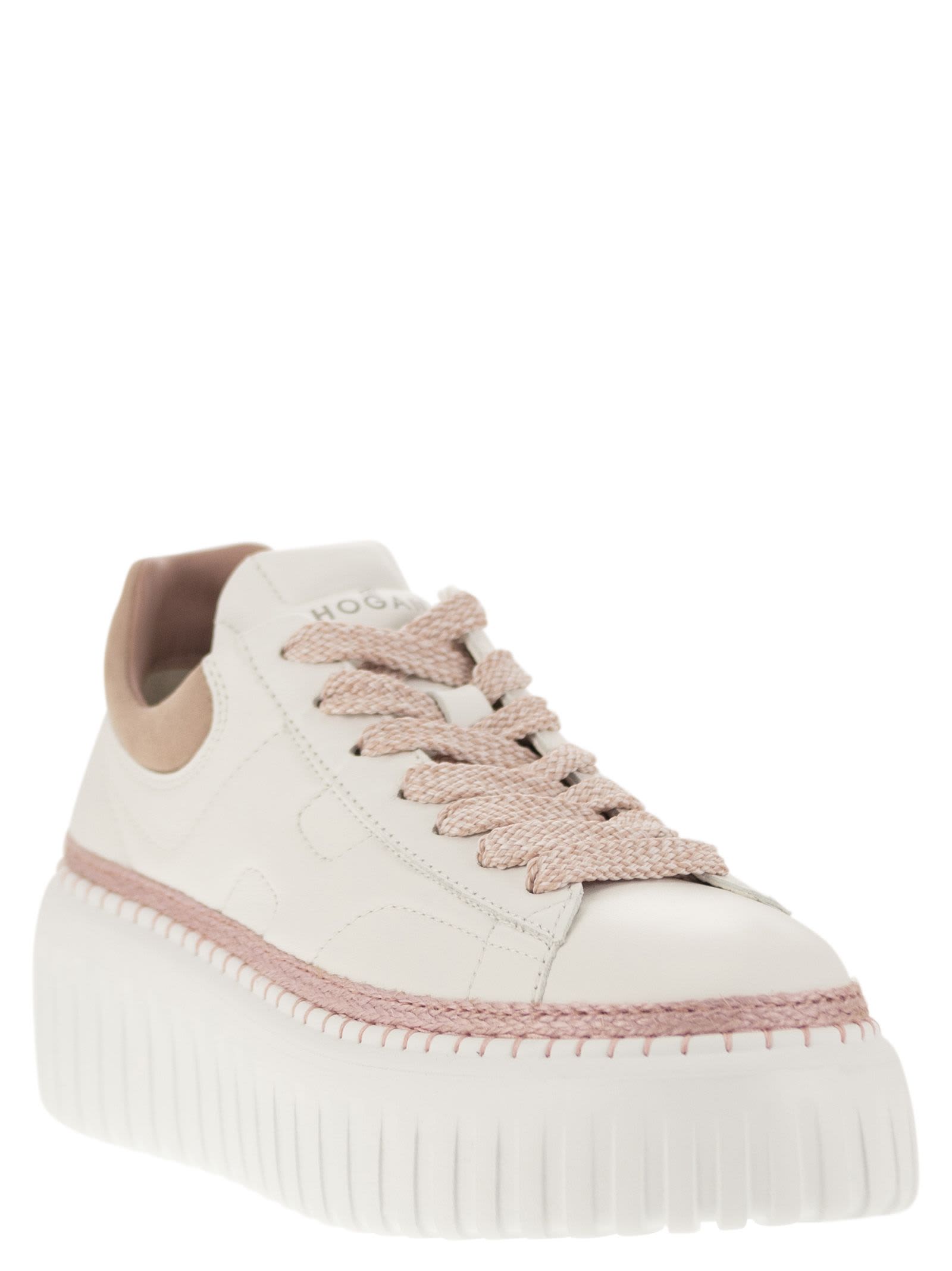 Hogan Leather H-stripes Platform Sneakers In White/pink