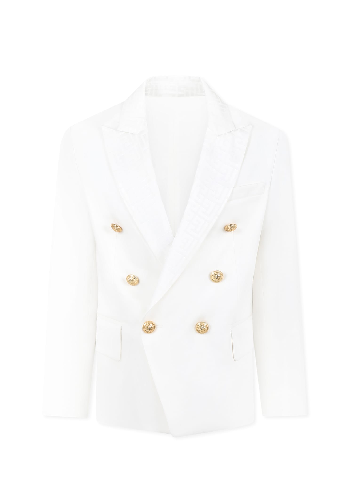 BALMAIN WHITE JACKET FOR BOY WITH ICONIC LABYRINTH