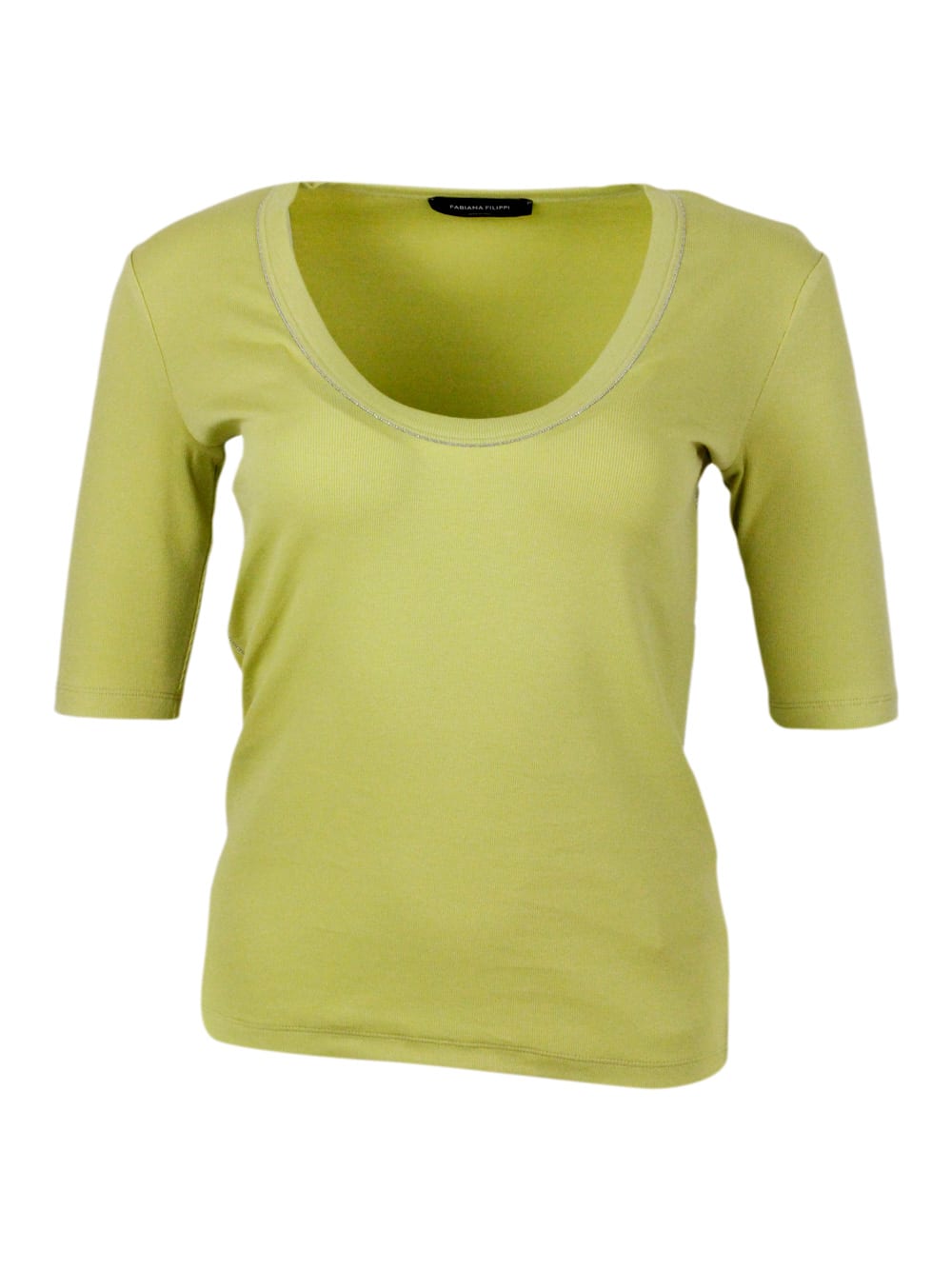 Shop Fabiana Filippi Ribbed Cotton T-shirt With U-neck, Elbow-length Sleeves Embellished With Rows Of Monili On The Neck  In Lime