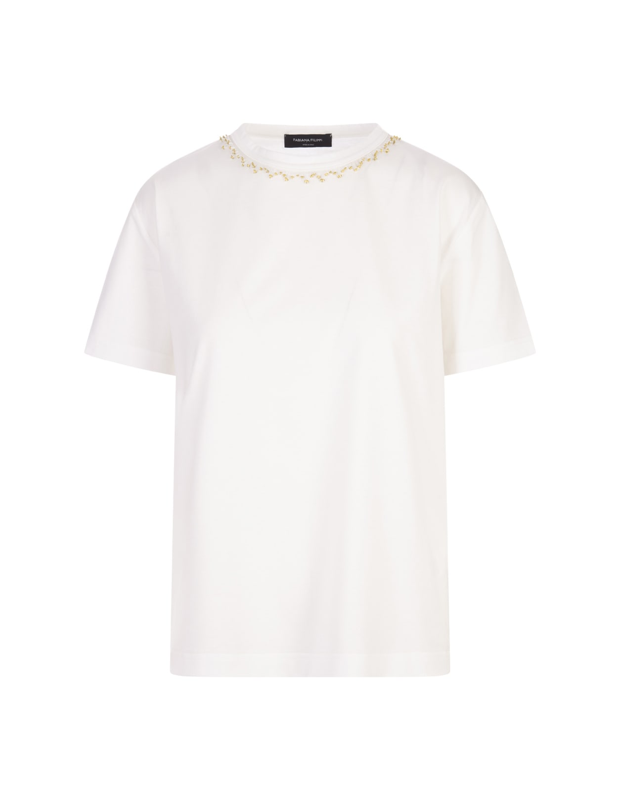 White T-shirt With Beaded Crew Neck