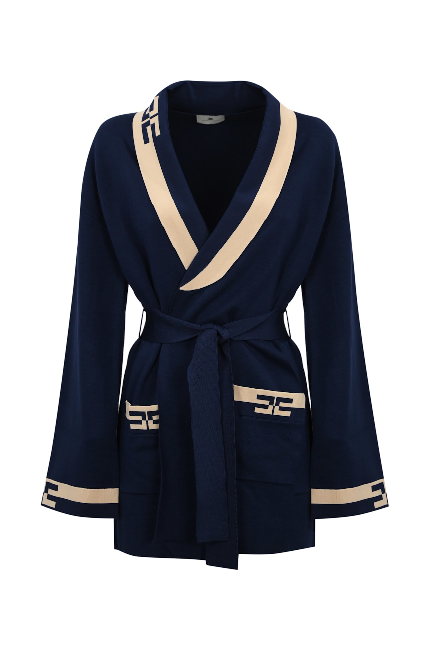 Shop Elisabetta Franchi Viscose Knit Cardigan With Logo Bands In Navy/crema