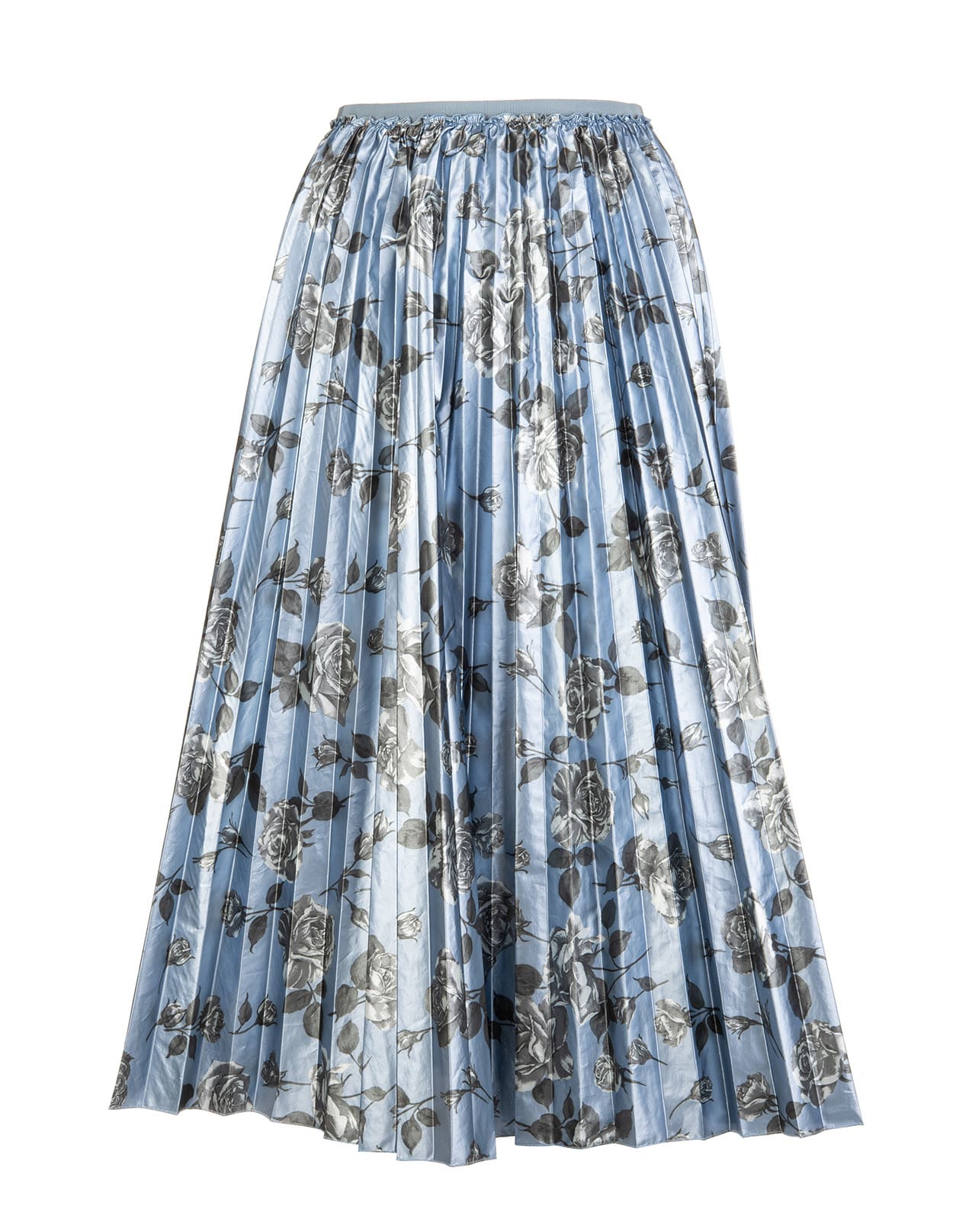 RED Valentino Sky Blue Pleated Midi Skirt With Roses Print