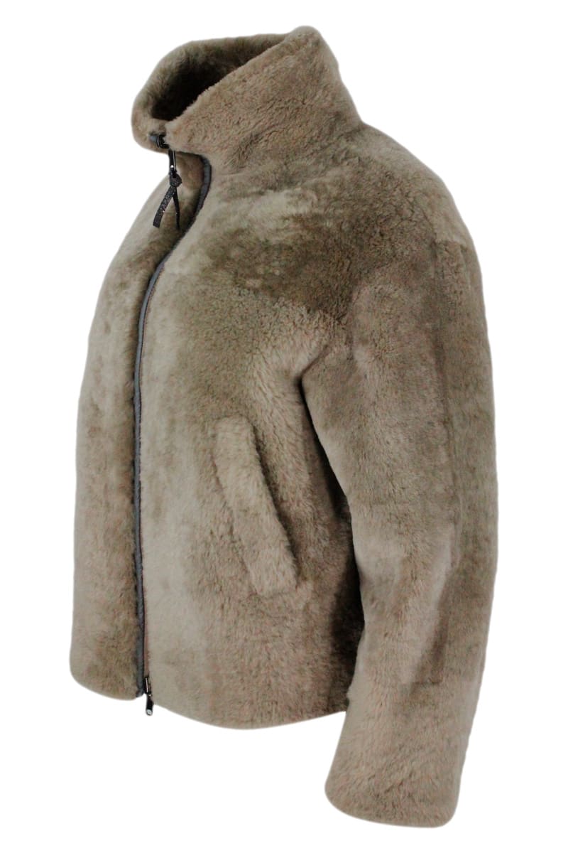 Shop Brunello Cucinelli Reversible Jacket Jacket In Very Soft And Precious Shearling In Taupe