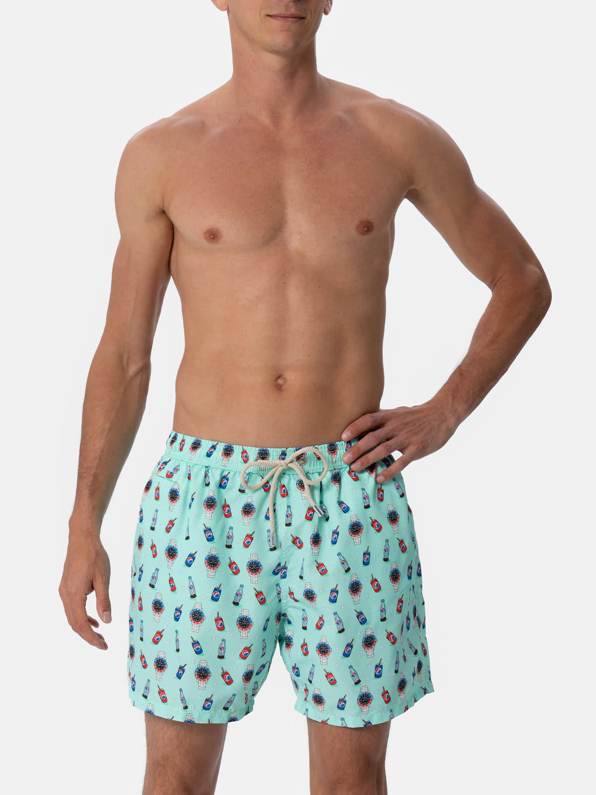 Mc2 Saint Barth Man Lightweight Fabric Swim-shorts Lighting Micro Fantasy With Watches And Drinks Print In Green