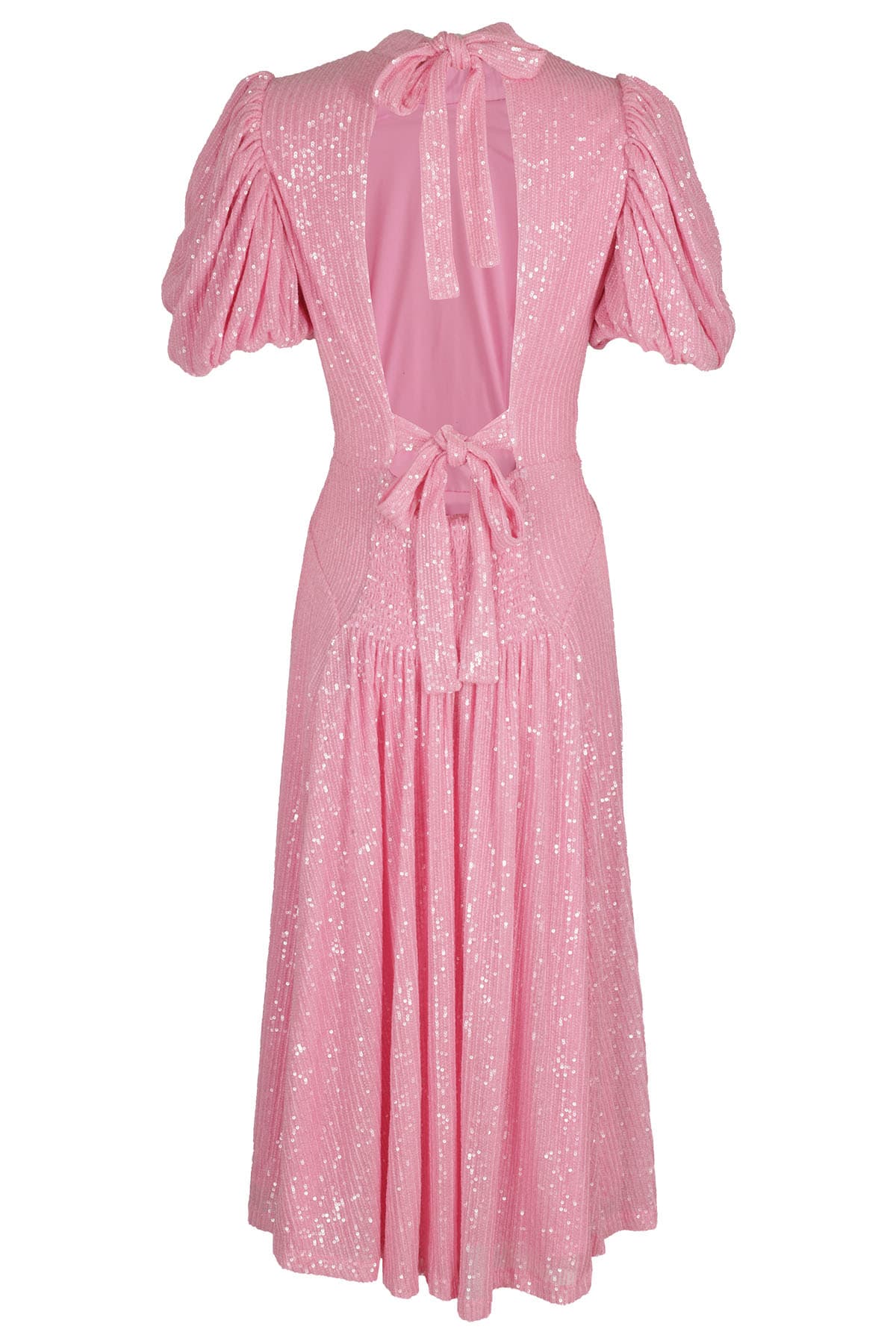 Shop Rotate Birger Christensen Sequined Maxi Puffy Sleeved Dress In Bergonia Pink