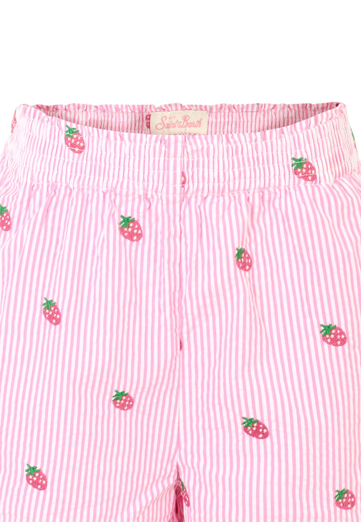 Mc2 Saint Barth Pink Shorts For Girl With Embroidered Fuchsia Strawberries In Pink