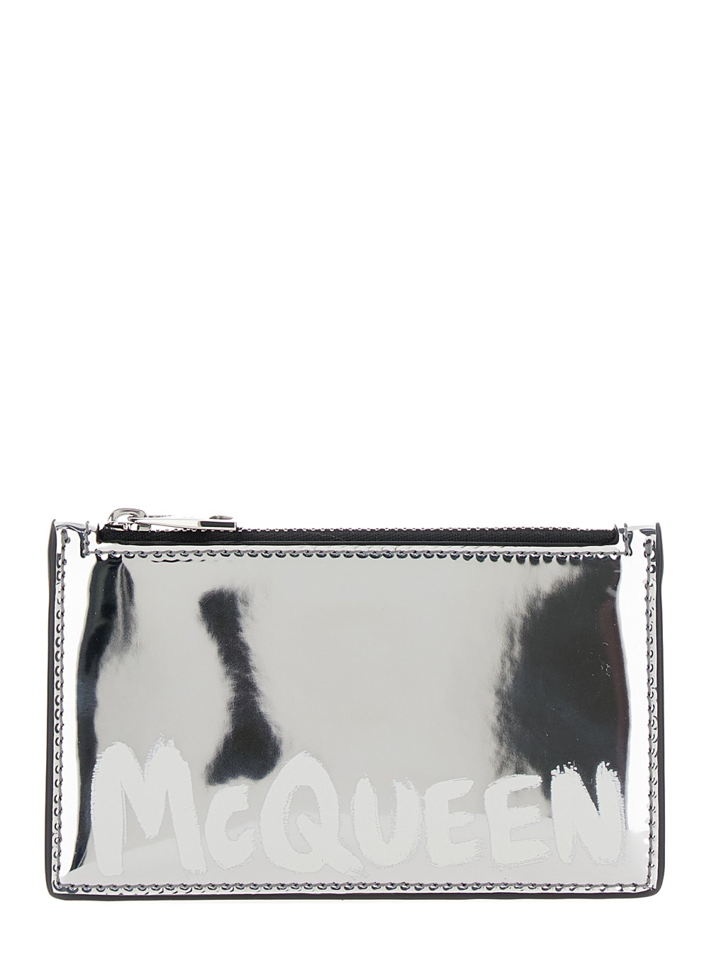 Shop Alexander Mcqueen Silver Card-holder With Mcqueen Graffiti Logo In Laminated Leather Man In Metallic