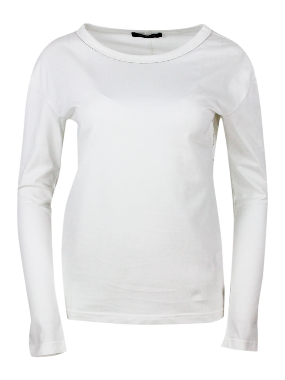 Shop Fabiana Filippi Crew-neck Long-sleeved Cotton Jersey T-shirt Embellished With Rows Of Monili On The Neck In White
