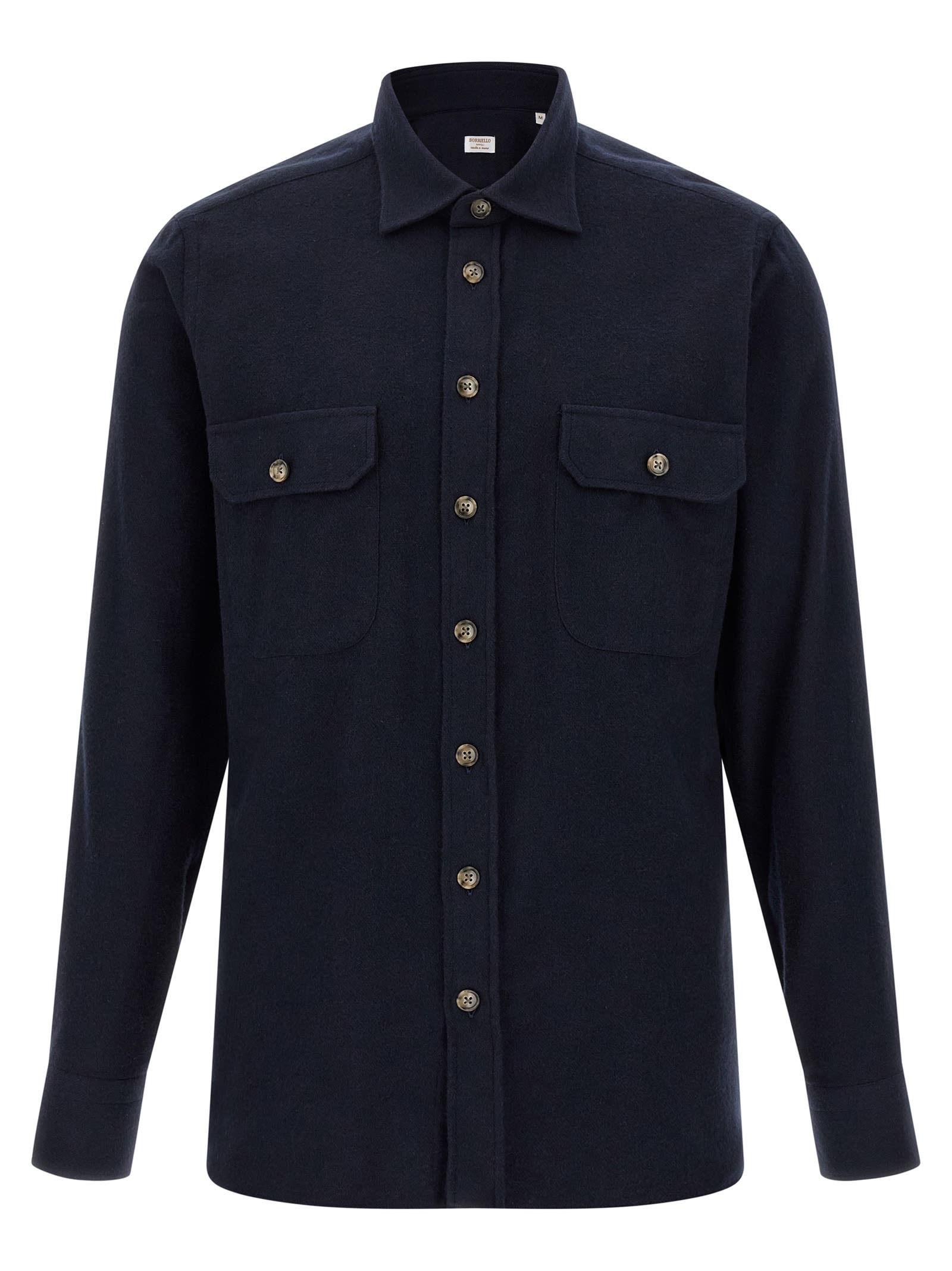 Borriello Napoli Structured Cotton Flannel Shirt With Buttoned Pockets In Blue