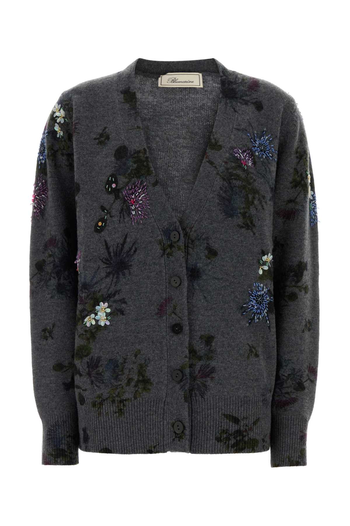 Blumarine Wool Blend Cardigan With Rhinestones In Gray