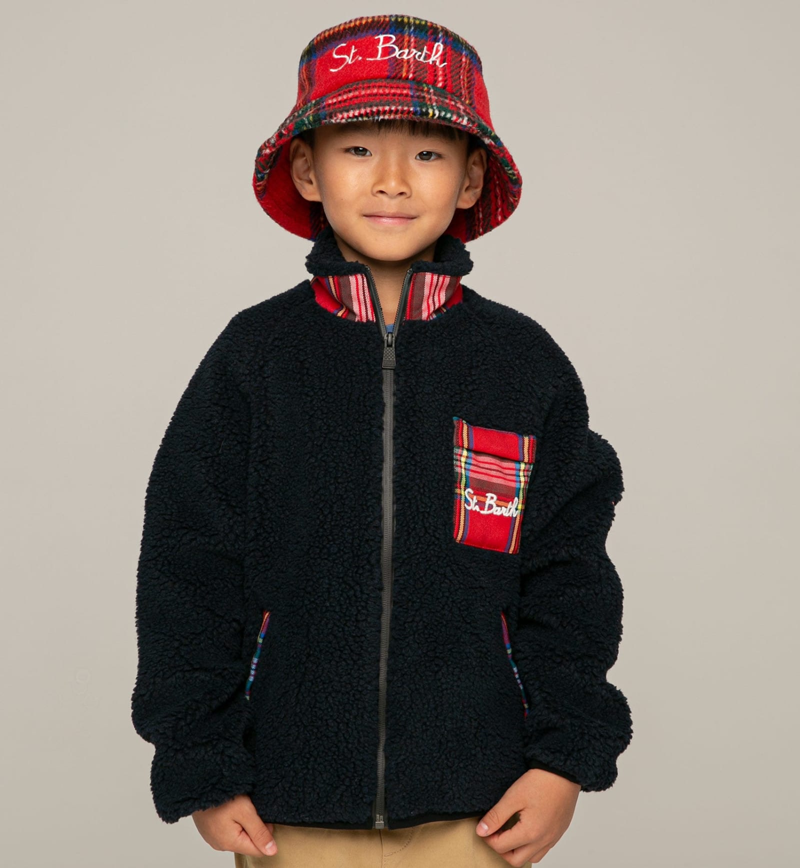 Mc2 Saint Barth Kid Sherpa Jacket With Pocket And St. Barth Embroidery In Blue