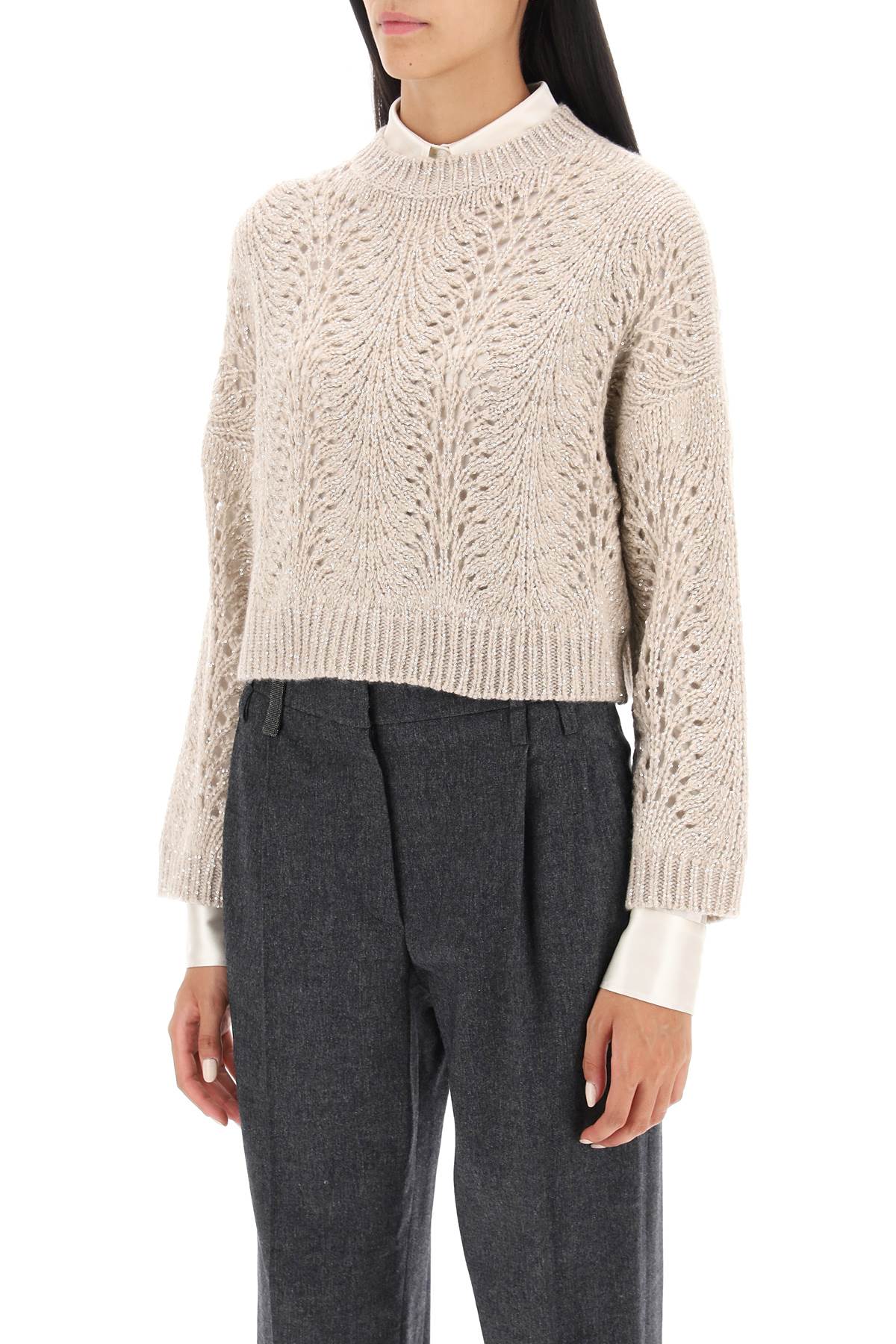 Shop Brunello Cucinelli Dazzling Lace Cropped Sweater In Feather